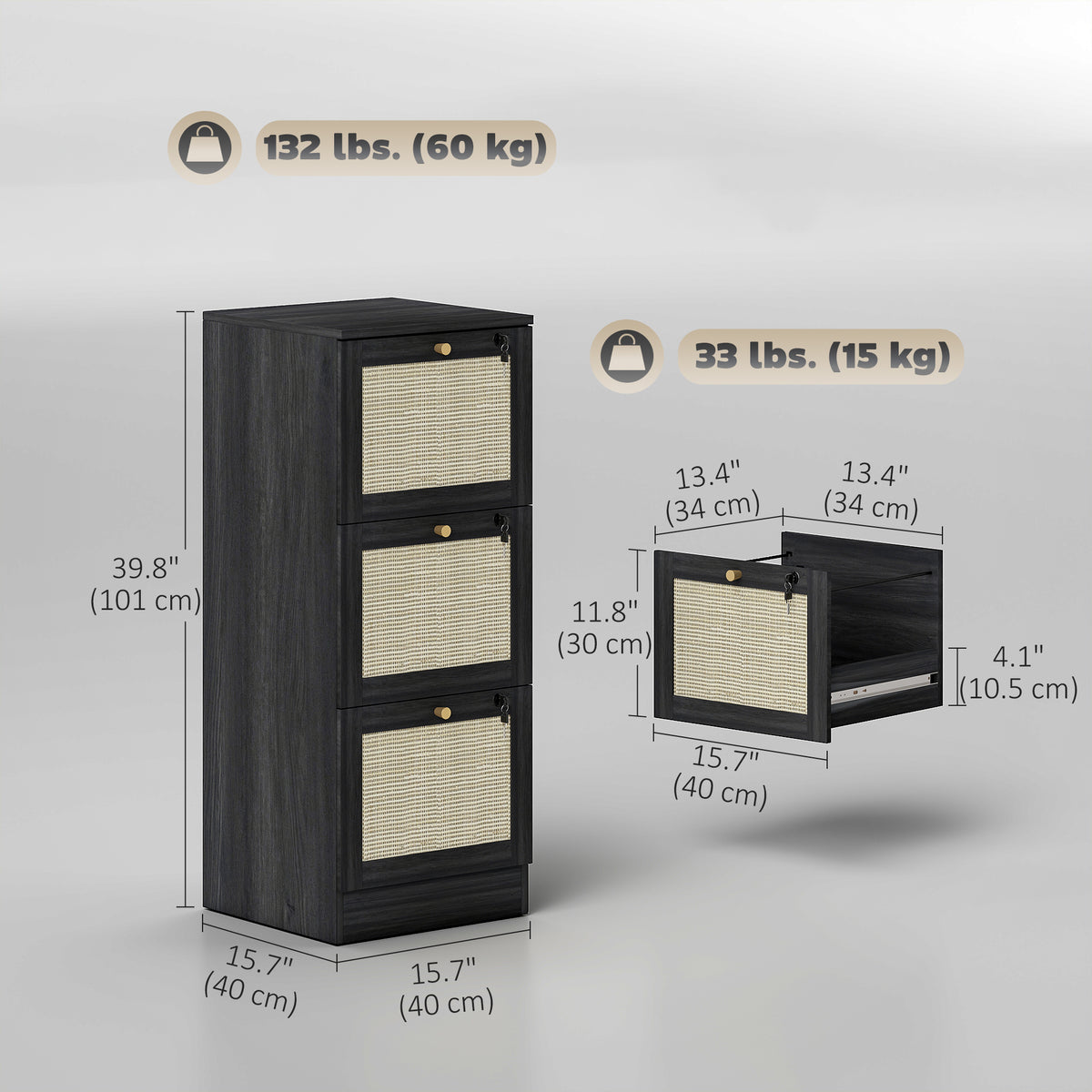 3-Drawer Locking Boho Filing Cabinet - Black Rattan 40" H-Office Products > Office Furniture > Office Cabinets & Cupboards-DECOROLALA