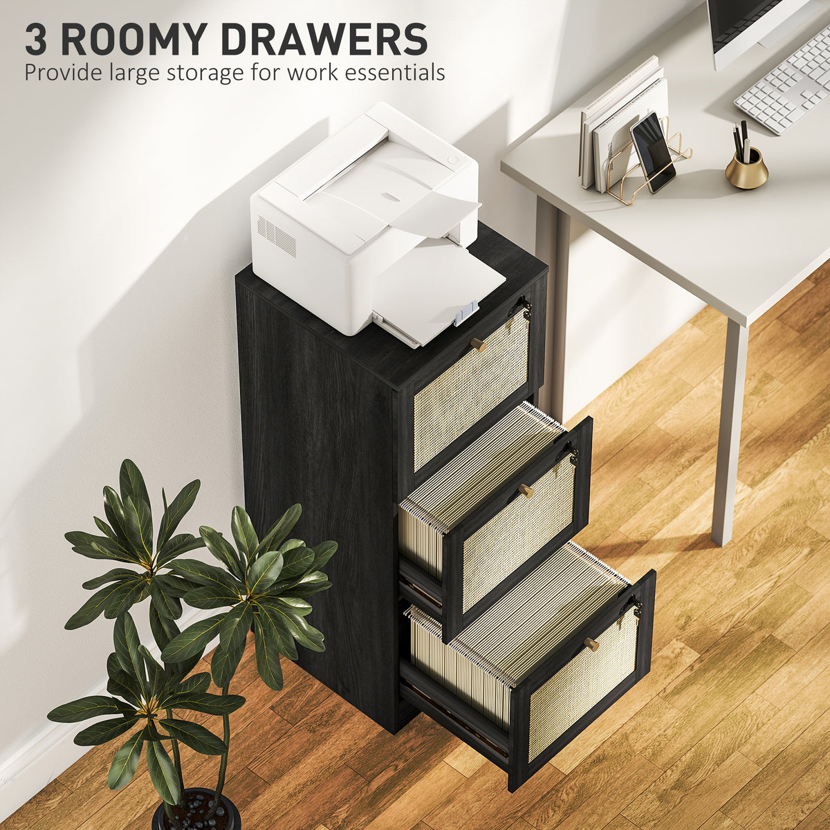 3-Drawer Locking Boho Filing Cabinet - Black Rattan 40" H-Office Products > Office Furniture > Office Cabinets & Cupboards-DECOROLALA
