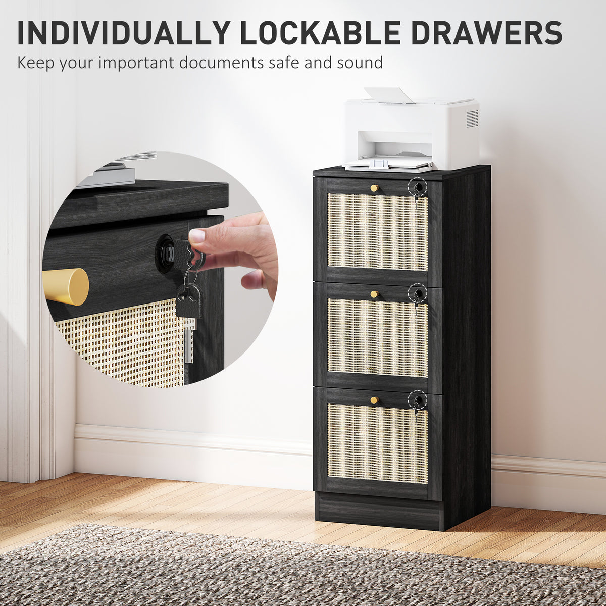 3-Drawer Locking Boho Filing Cabinet - Black Rattan 40" H-Office Products > Office Furniture > Office Cabinets & Cupboards-DECOROLALA