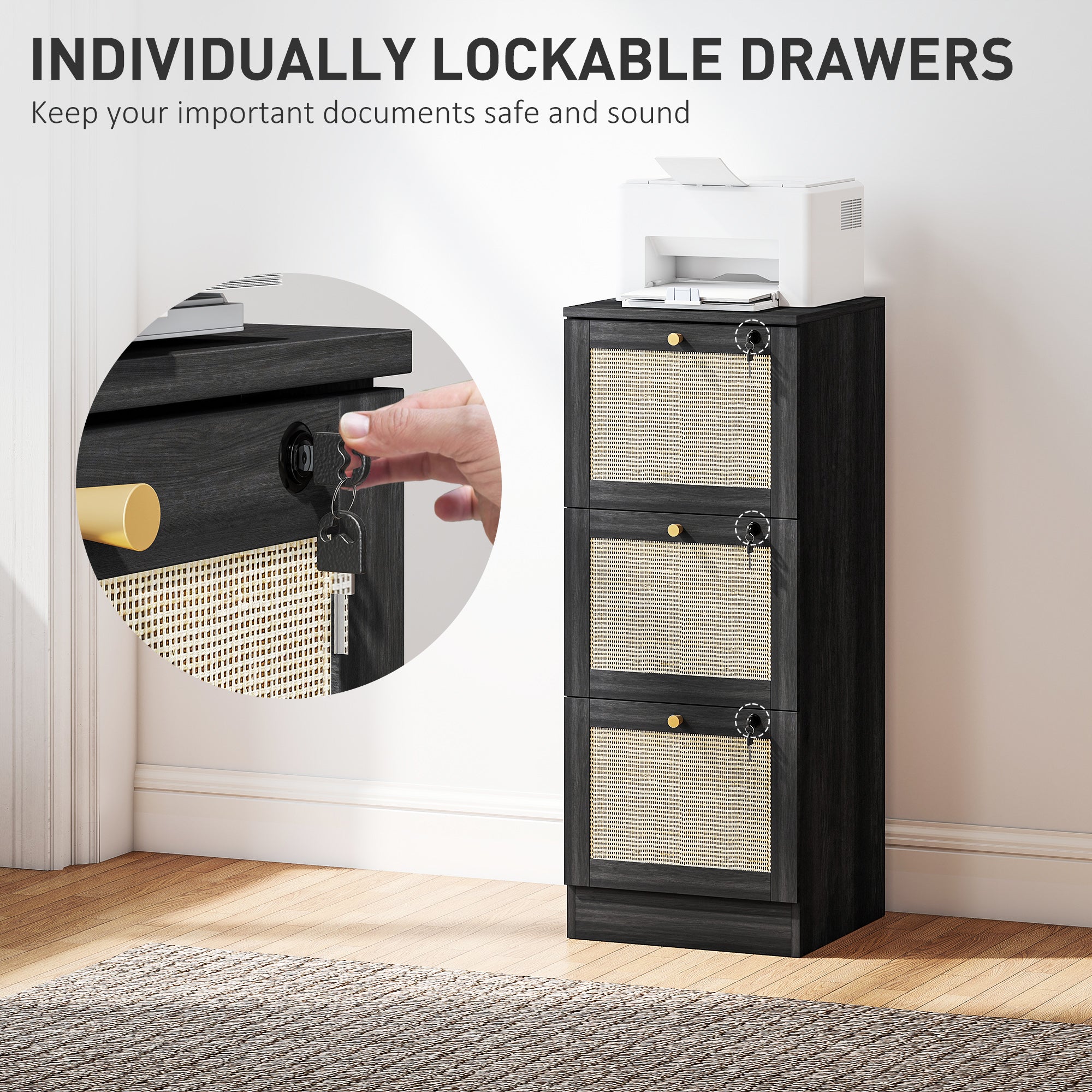 3-Drawer Locking Boho Filing Cabinet - Black Rattan 40" H-Office Products > Office Furniture > Office Cabinets & Cupboards-DECOROLALA