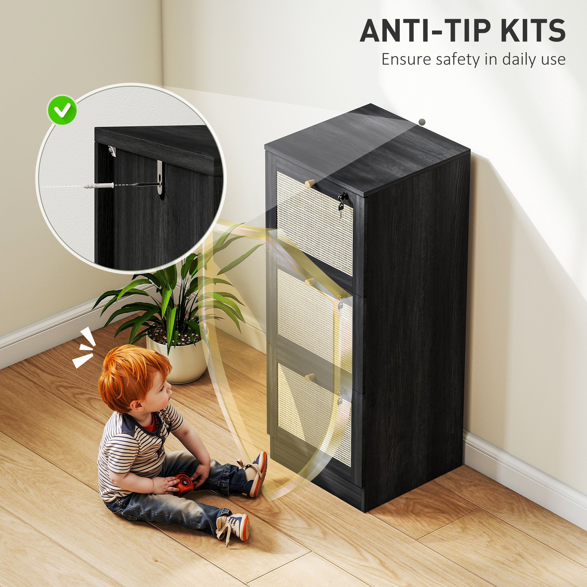 3-Drawer Locking Boho Filing Cabinet - Black Rattan 40" H-Office Products > Office Furniture > Office Cabinets & Cupboards-DECOROLALA