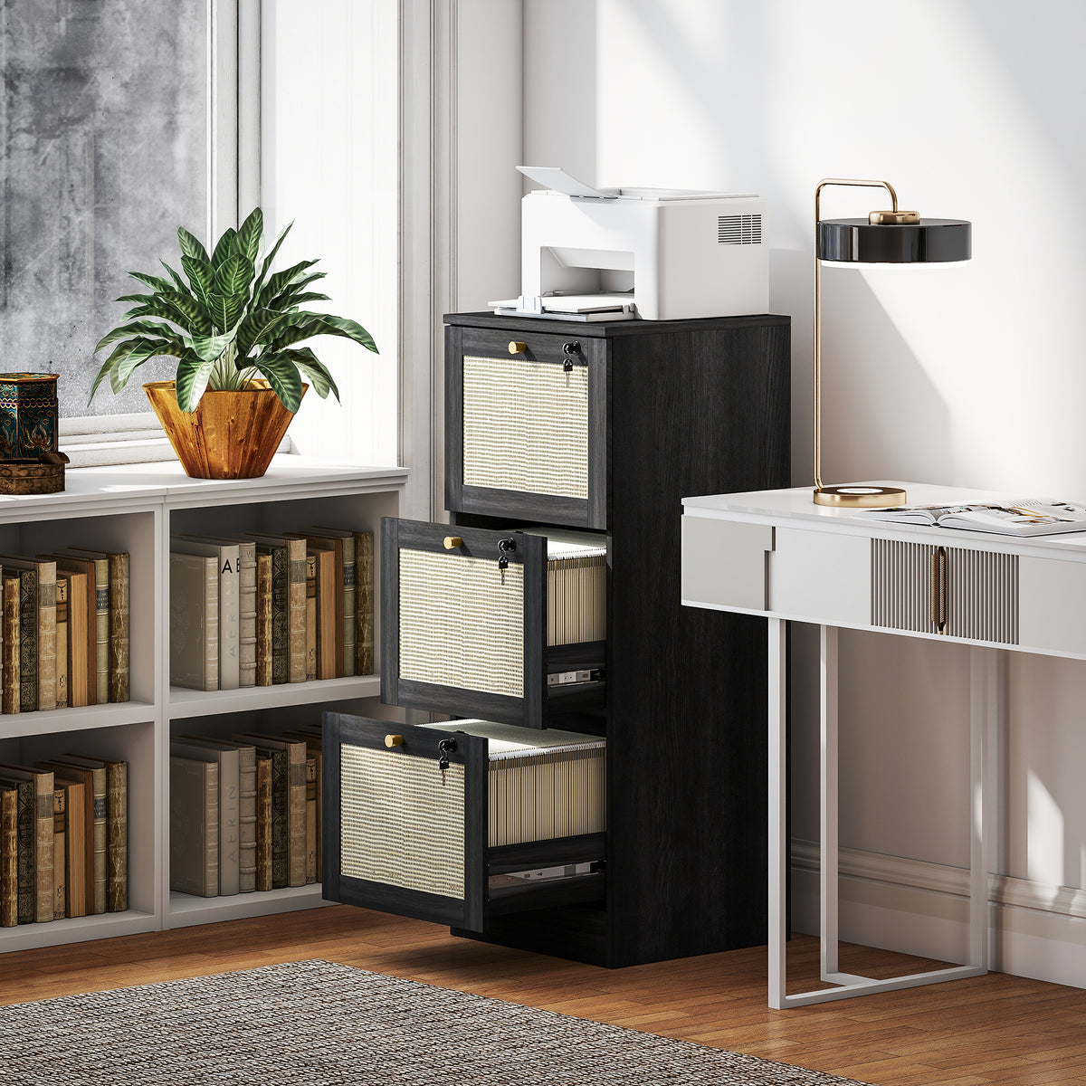 3-Drawer Locking Boho Filing Cabinet - Black Rattan 40" H-Office Products > Office Furniture > Office Cabinets & Cupboards-DECOROLALA