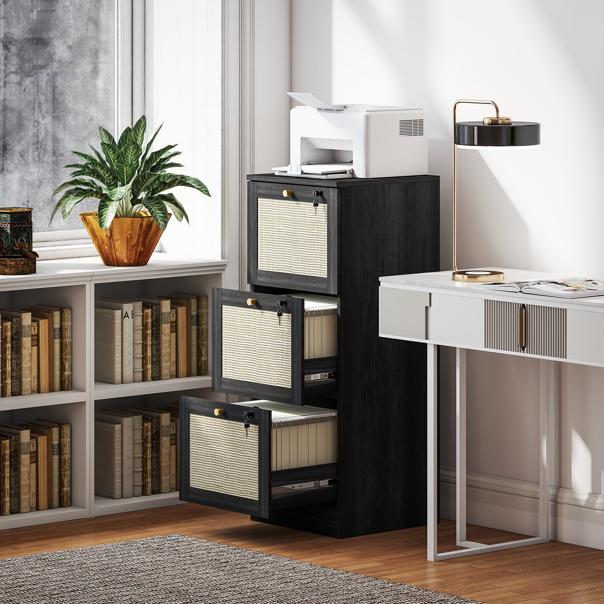 3-Drawer Locking Boho Filing Cabinet - Black Rattan 40" H-Office Products > Office Furniture > Office Cabinets & Cupboards-DECOROLALA