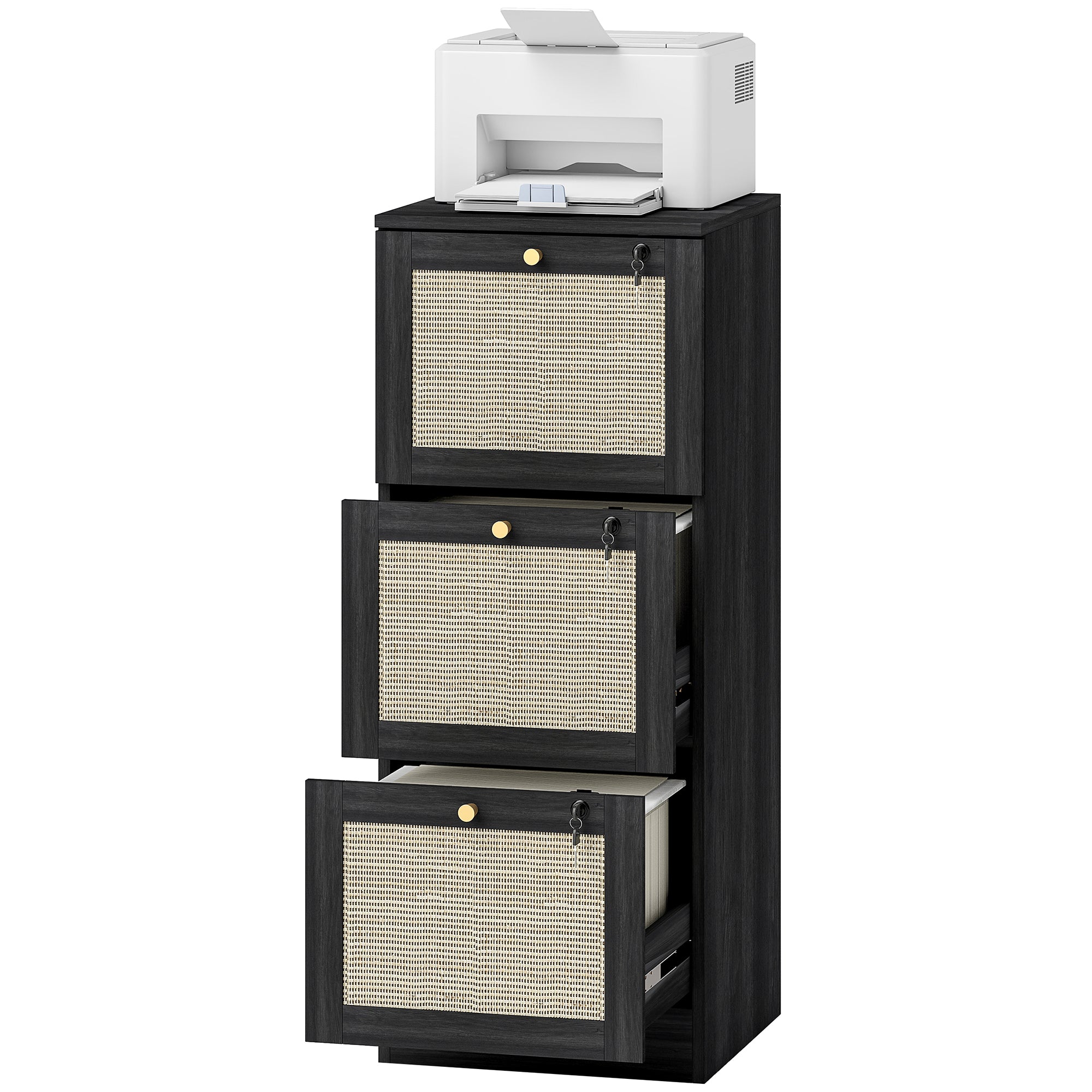 3-Drawer Locking Boho Filing Cabinet - Black Rattan 40" H-Office Products > Office Furniture > Office Cabinets & Cupboards-DECOROLALA