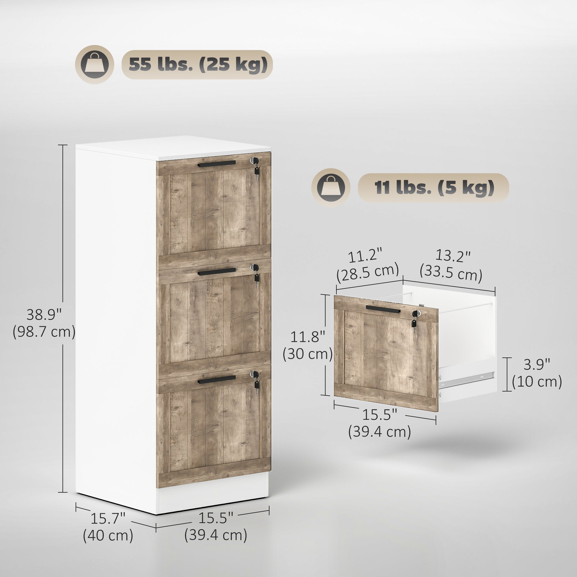 3-Drawer Locking File Cabinet - White Farmhouse 39" H-Office Products > Office Furniture > Office Cabinets & Cupboards-DECOROLALA