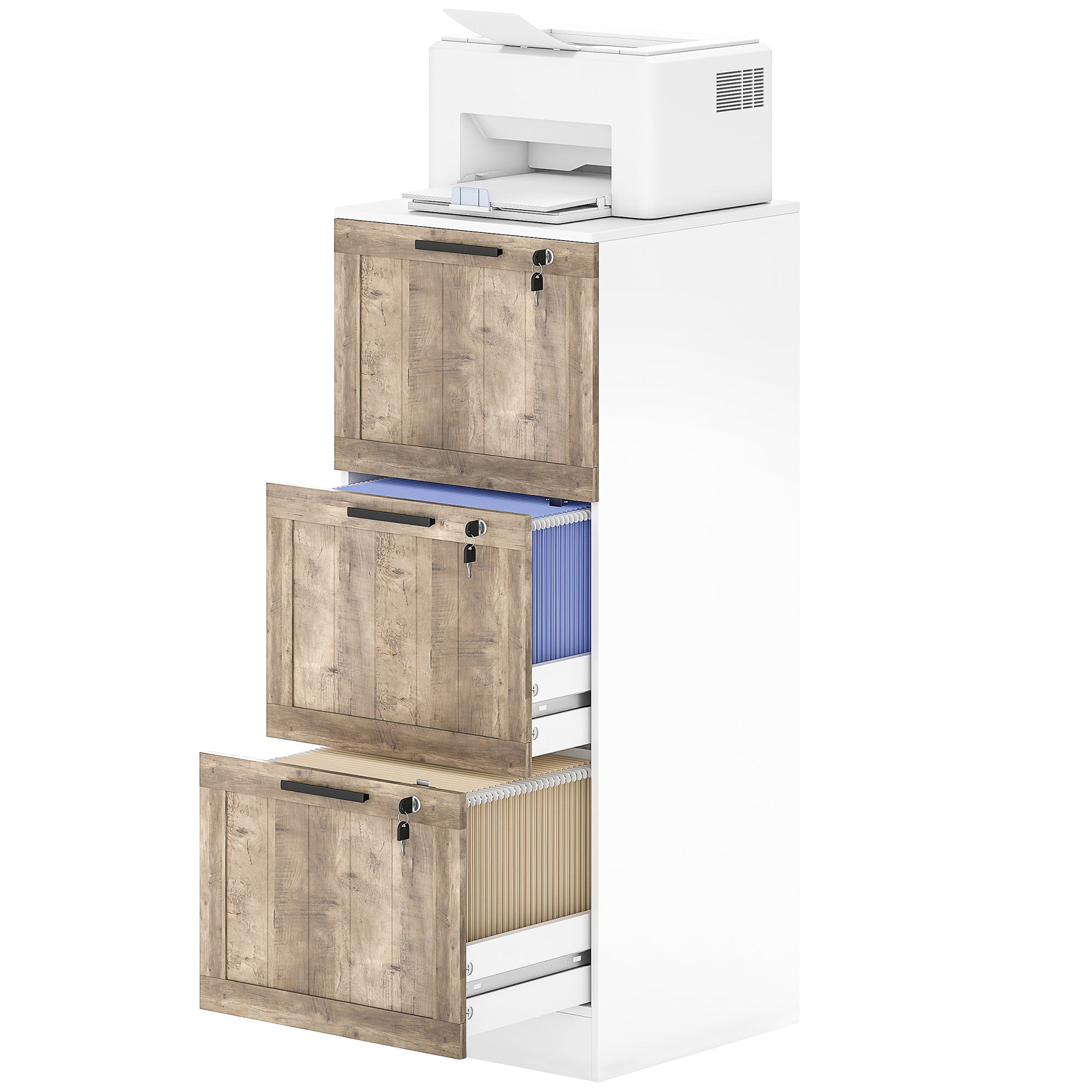 3-Drawer Locking File Cabinet - White Farmhouse 39" H-Office Products > Office Furniture > Office Cabinets & Cupboards-DECOROLALA