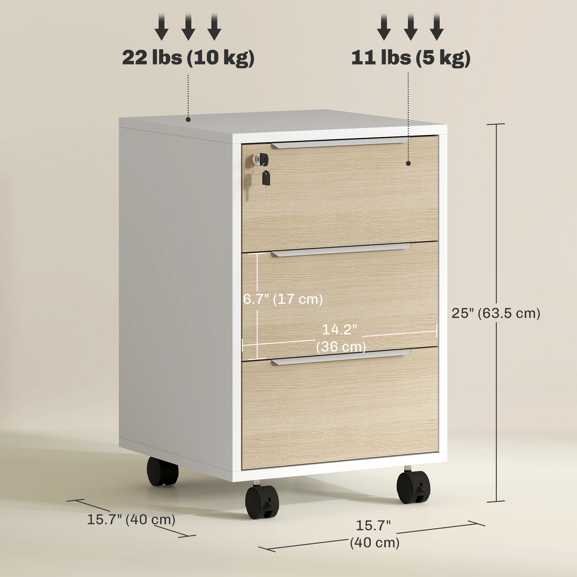 3 Drawer Locking File Cabinet with Wheels - Oak 25" H-Office Products > Office Furniture > Office Cabinets & Cupboards-DECOROLALA
