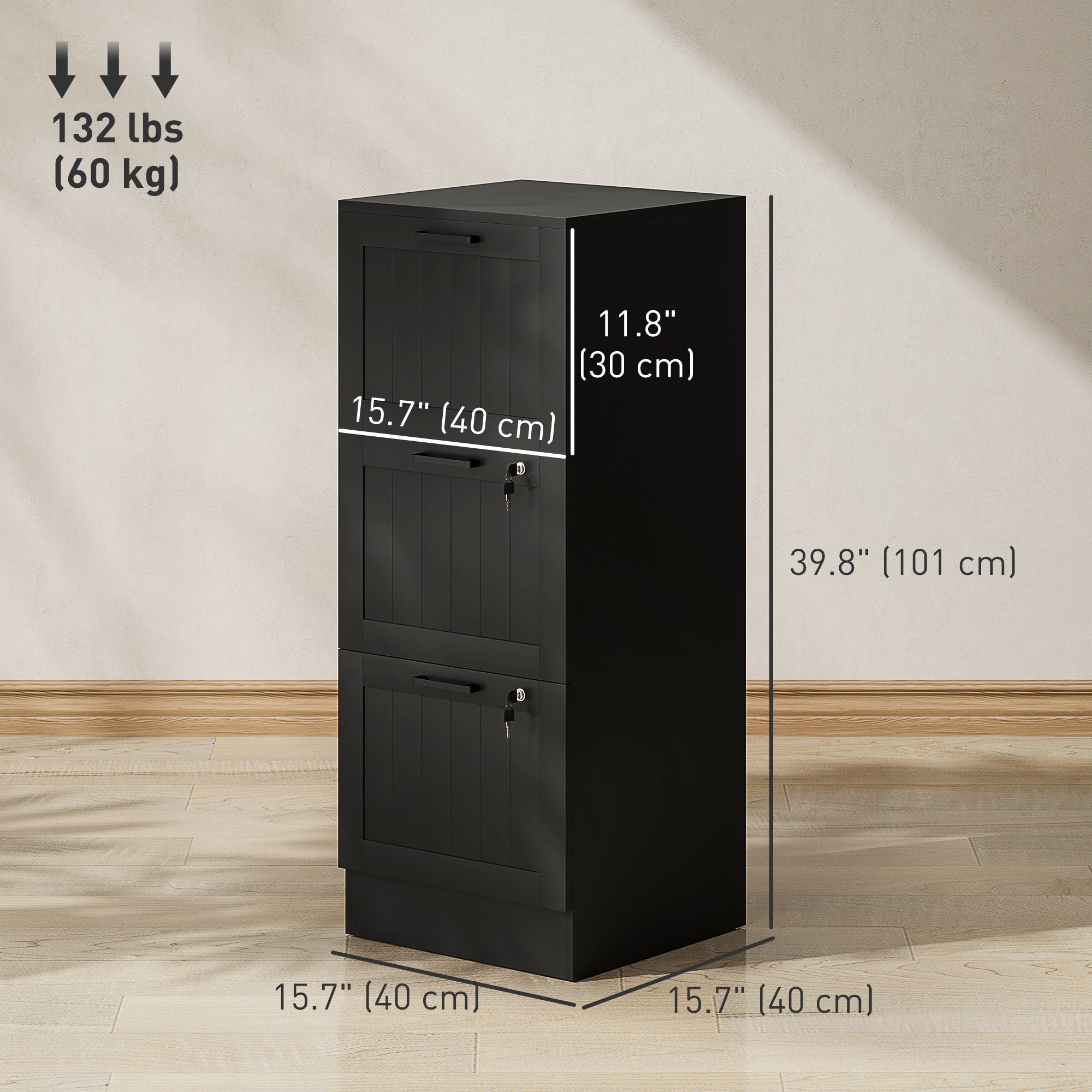 3 Drawer Locking Filing Cabinet - Black MDF 40" H-Office Products > Office Furniture > Office Cabinets & Cupboards-DECOROLALA
