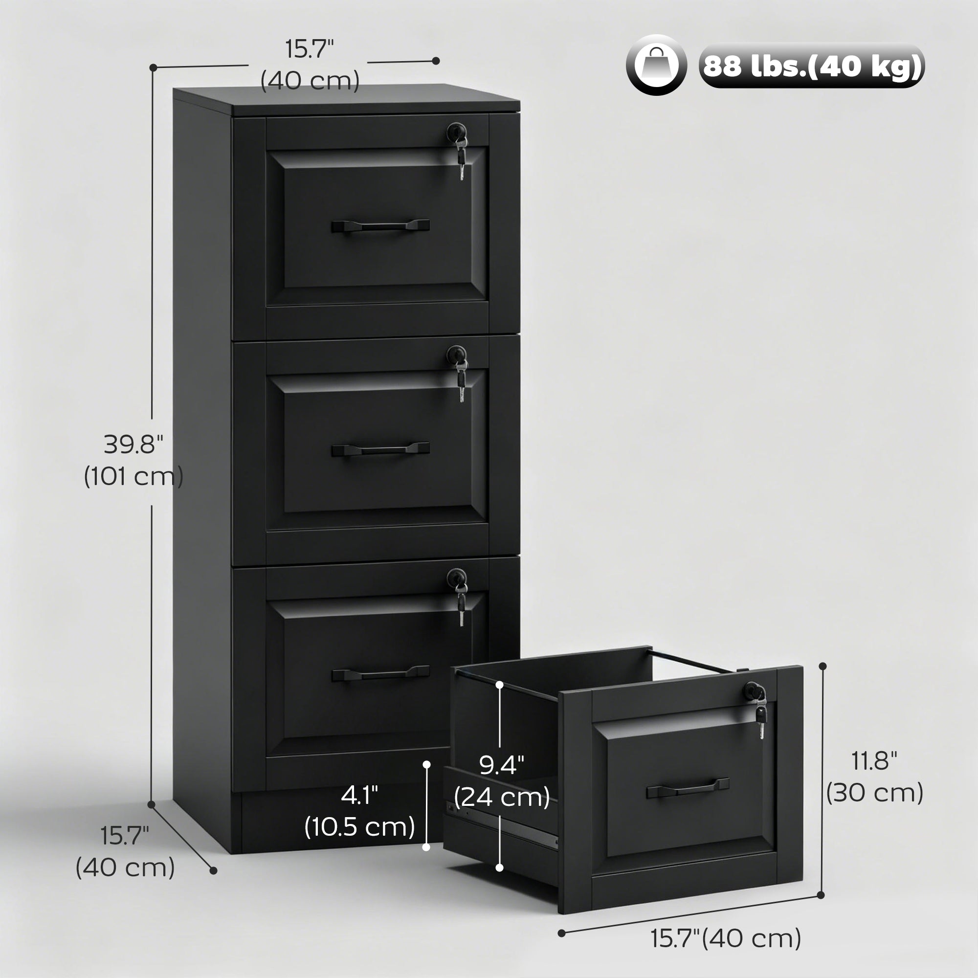 3 Drawer Locking Vertical File Cabinet - Black MDF 40" H-Office Products > Office Furniture > Office Cabinets & Cupboards-DECOROLALA
