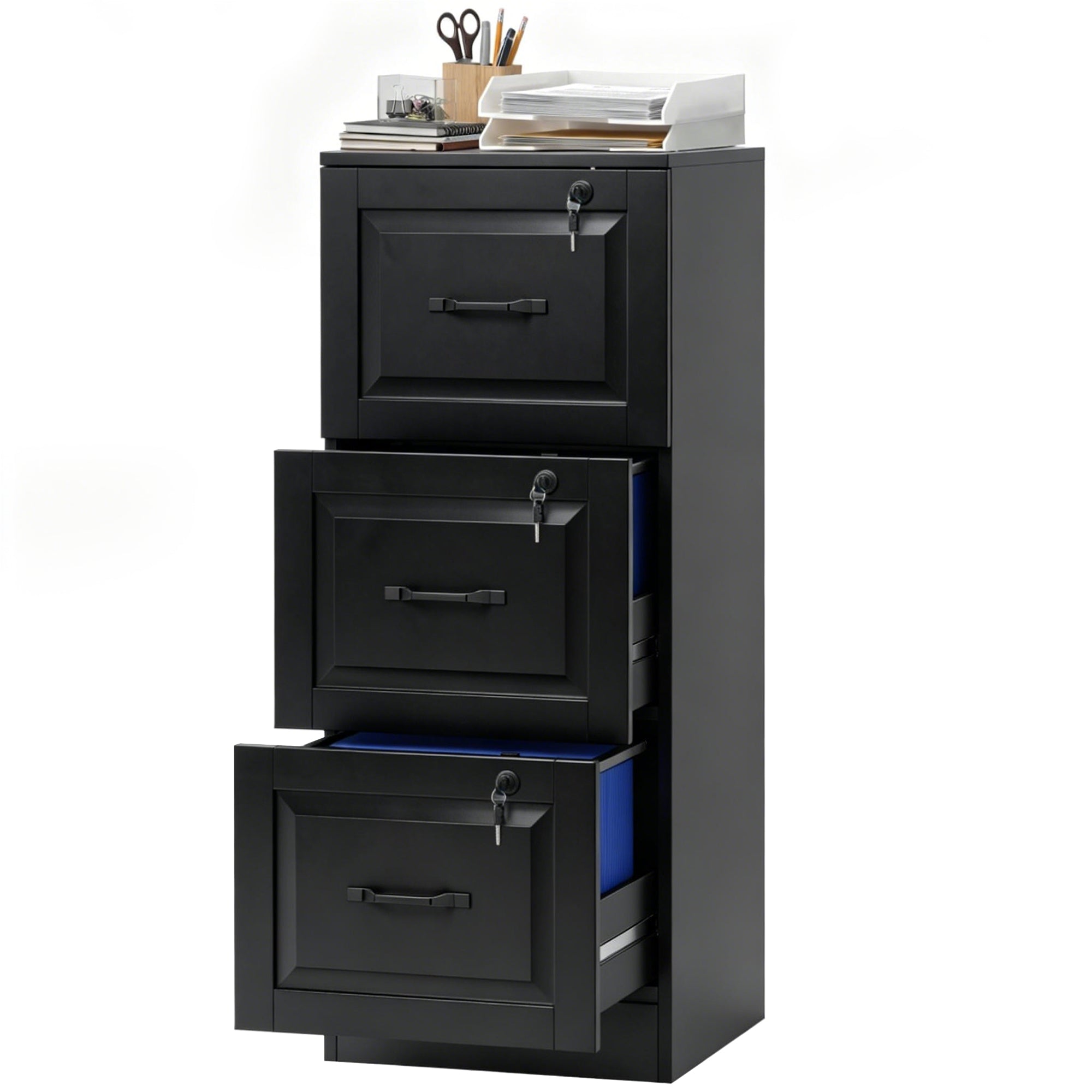 3 Drawer Locking Vertical File Cabinet - Black MDF 40" H-Office Products > Office Furniture > Office Cabinets & Cupboards-DECOROLALA