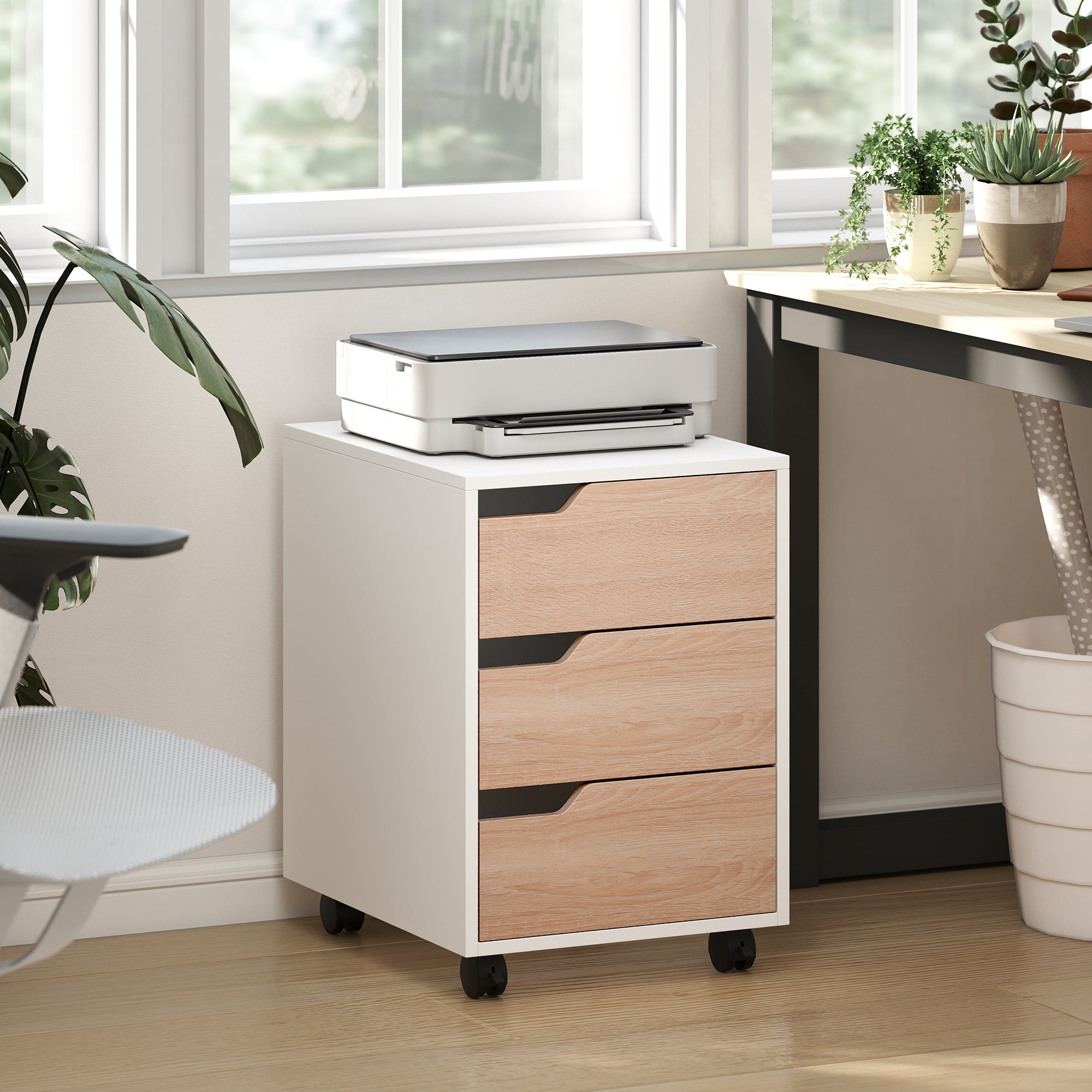 3-Drawer Mobile File Cabinet & Printer Stand - Oak-Office Products > Office Furniture > Office Cabinets & Cupboards-DECOROLALA