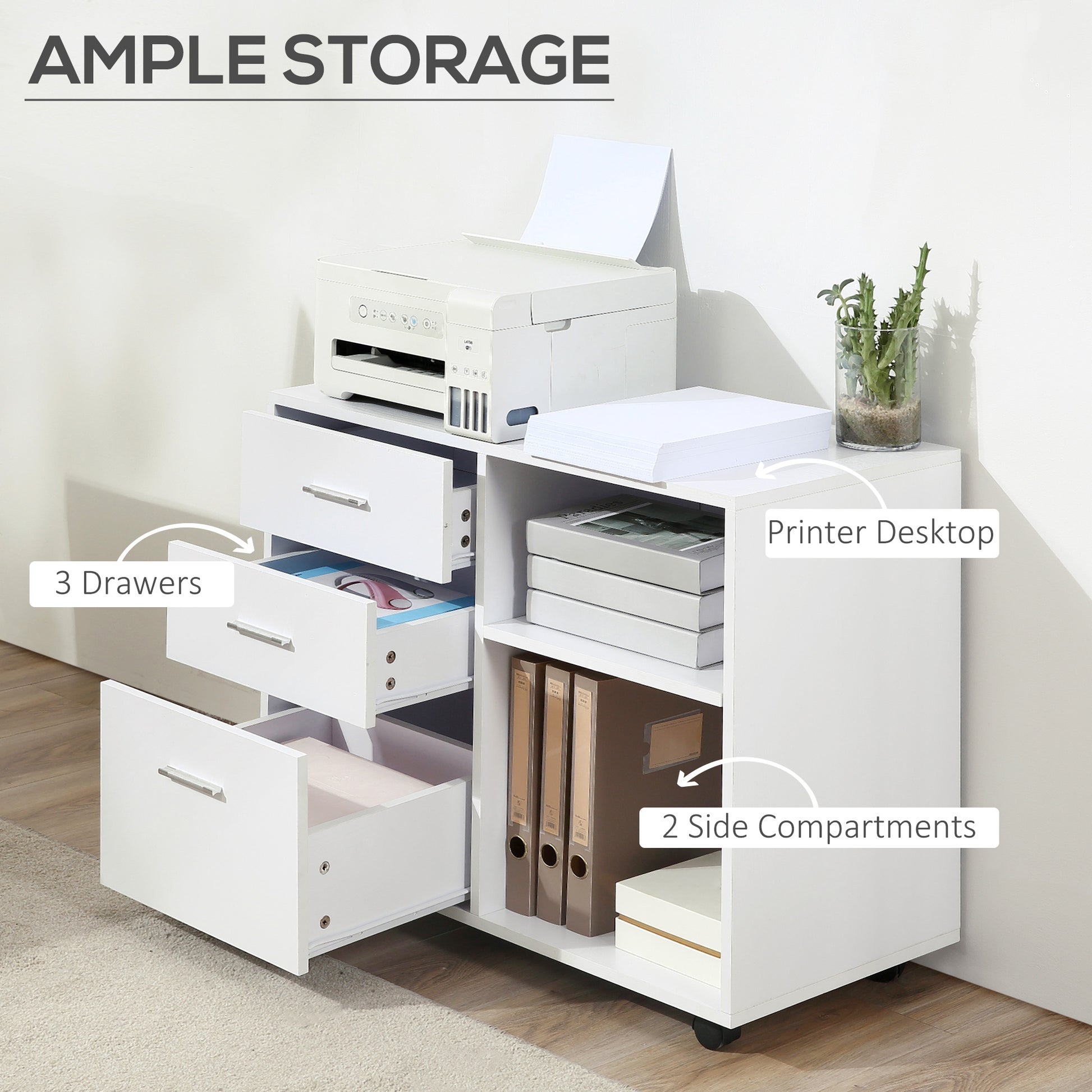 3-Drawer Mobile File Cabinet & Printer Stand - White-Office Products > Office Furniture > Office Cabinets & Cupboards-DECOROLALA