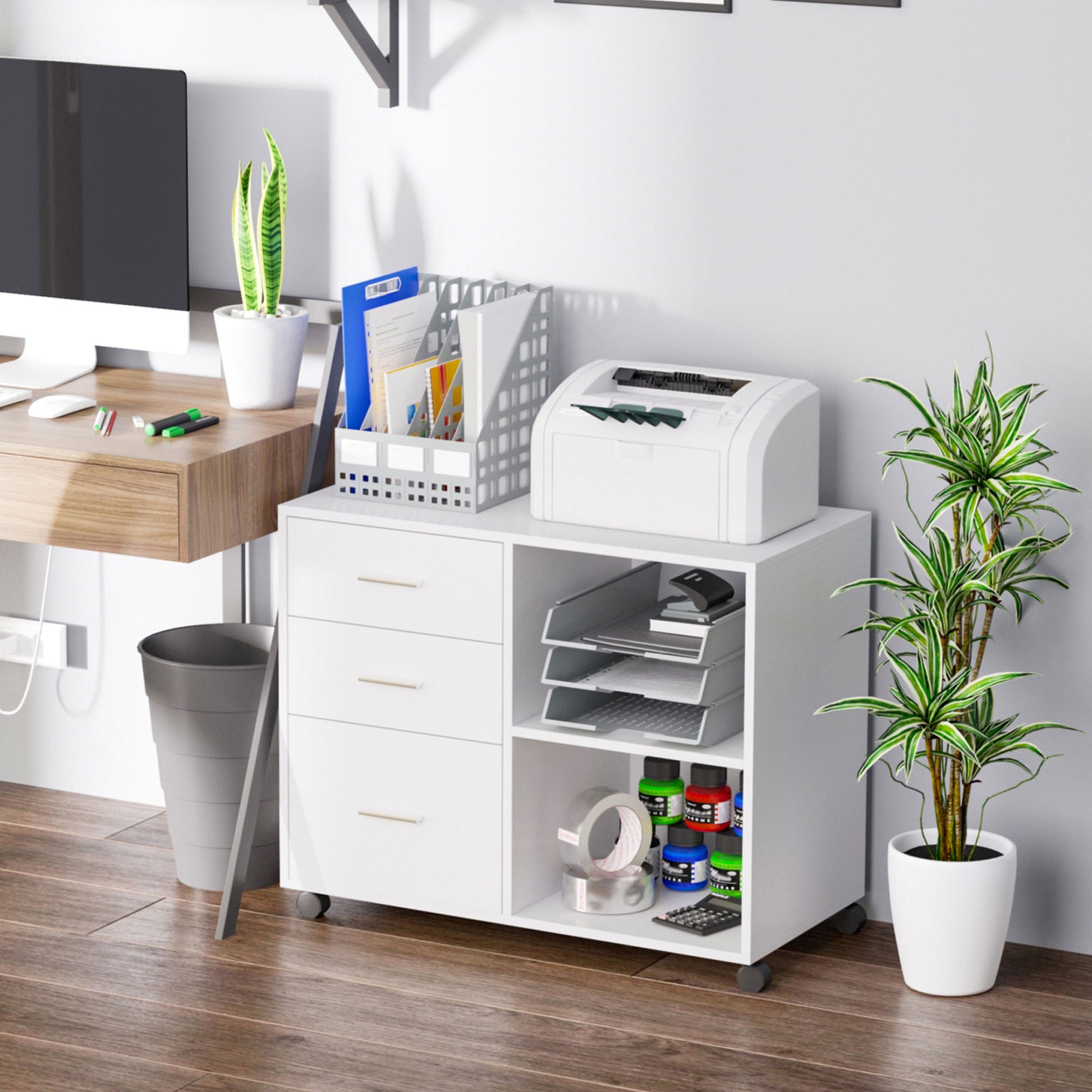 3-Drawer Mobile File Cabinet & Printer Stand - White-Office Products > Office Furniture > Office Cabinets & Cupboards-DECOROLALA