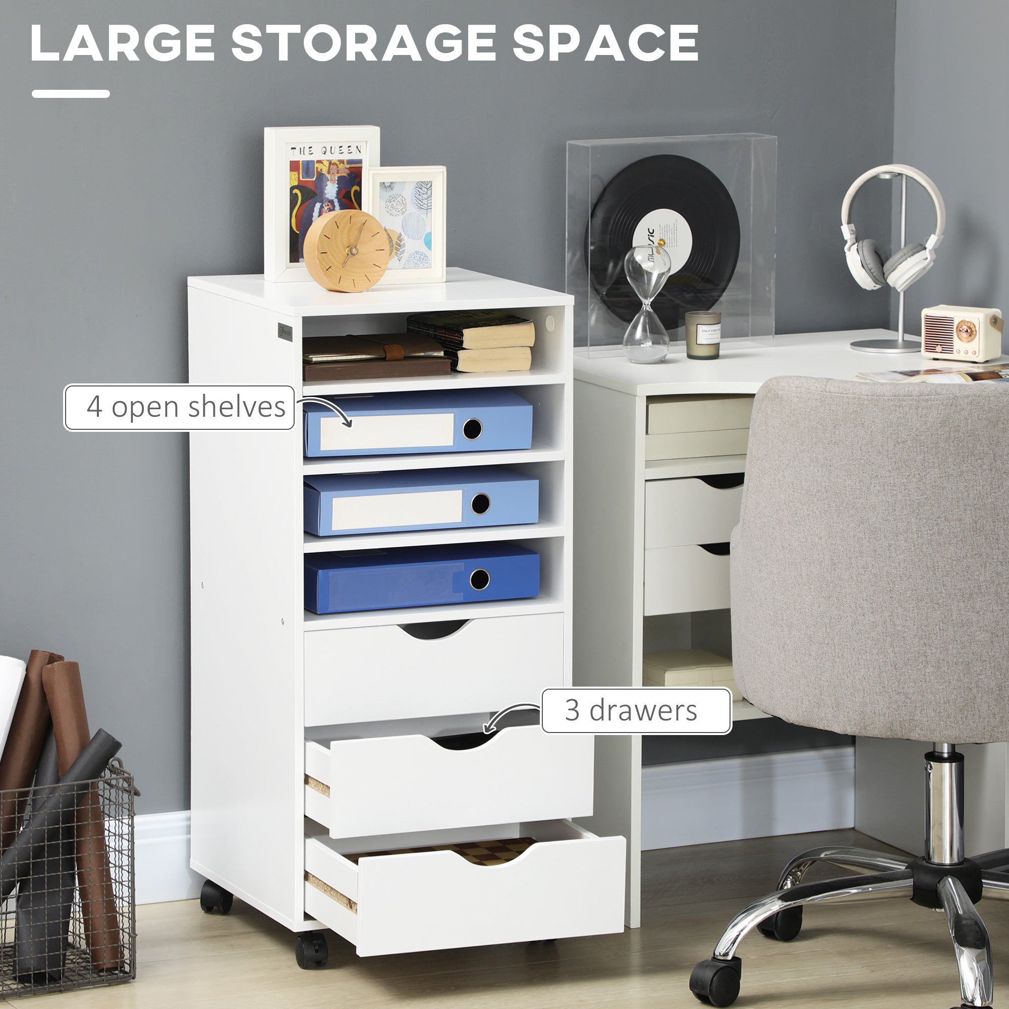3-Drawer Mobile File Cabinet with 4 Shelves - White-Office Products > Office Furniture > Office Cabinets & Cupboards-DECOROLALA