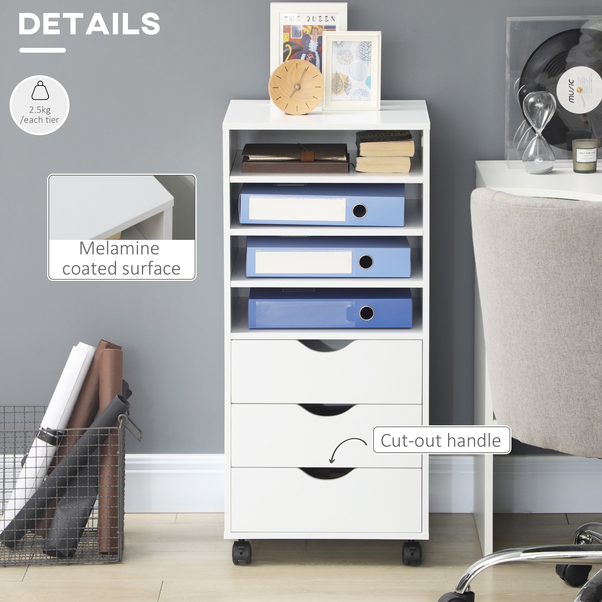 3-Drawer Mobile File Cabinet with 4 Shelves - White-Office Products > Office Furniture > Office Cabinets & Cupboards-DECOROLALA