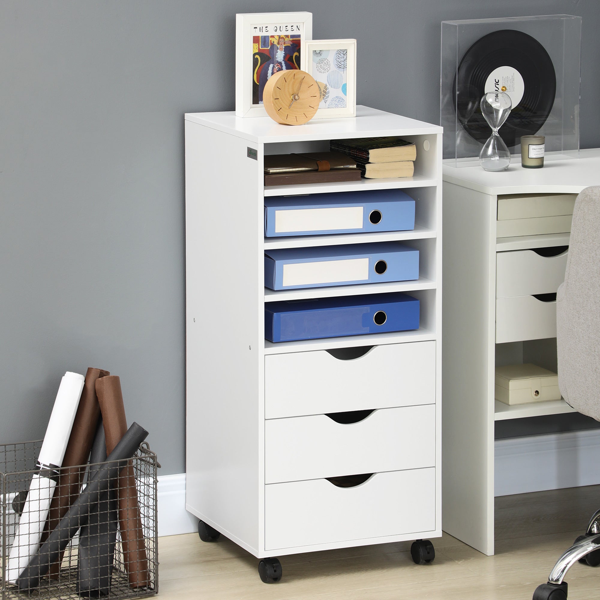 3-Drawer Mobile File Cabinet with 4 Shelves - White-Office Products > Office Furniture > Office Cabinets & Cupboards-DECOROLALA