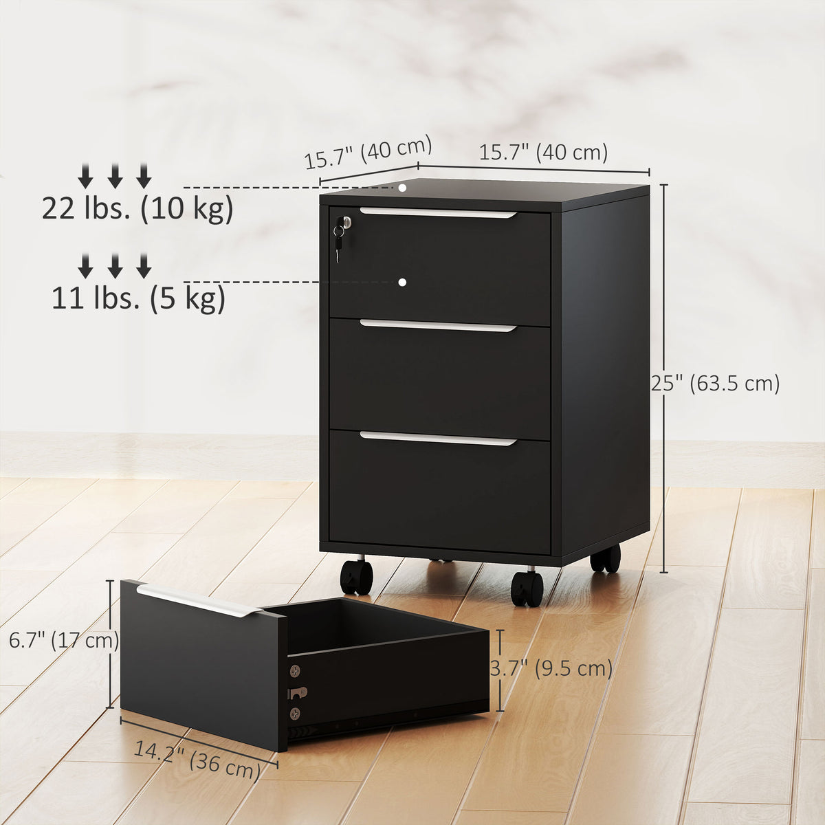 3-Drawer Mobile File Cabinet with Lock - Black 25" Vertical-Office Storage Cabinets-DECOROLALA