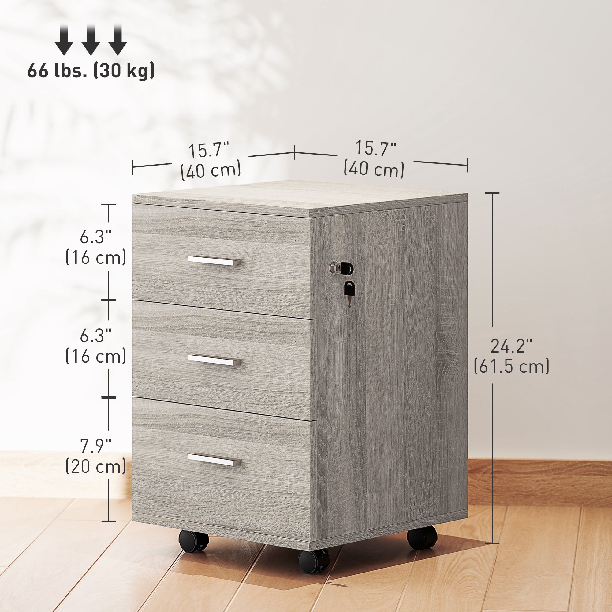 3-Drawer Mobile File Cabinet with Lock - Grey Wood Grain-Office Products > Office Furniture > Office Cabinets & Cupboards-DECOROLALA