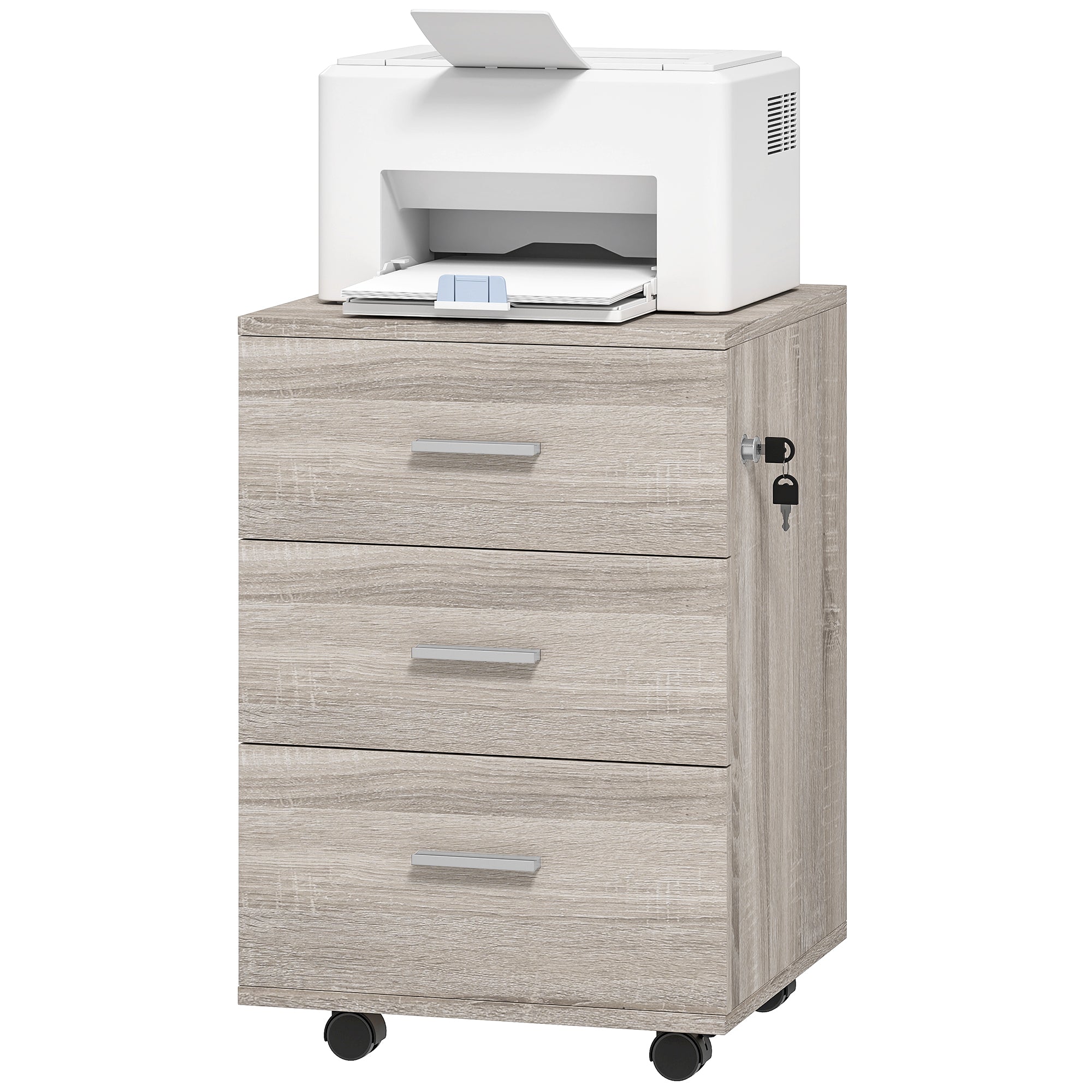 3-Drawer Mobile File Cabinet with Lock - Grey Wood Grain-Office Products > Office Furniture > Office Cabinets & Cupboards-DECOROLALA