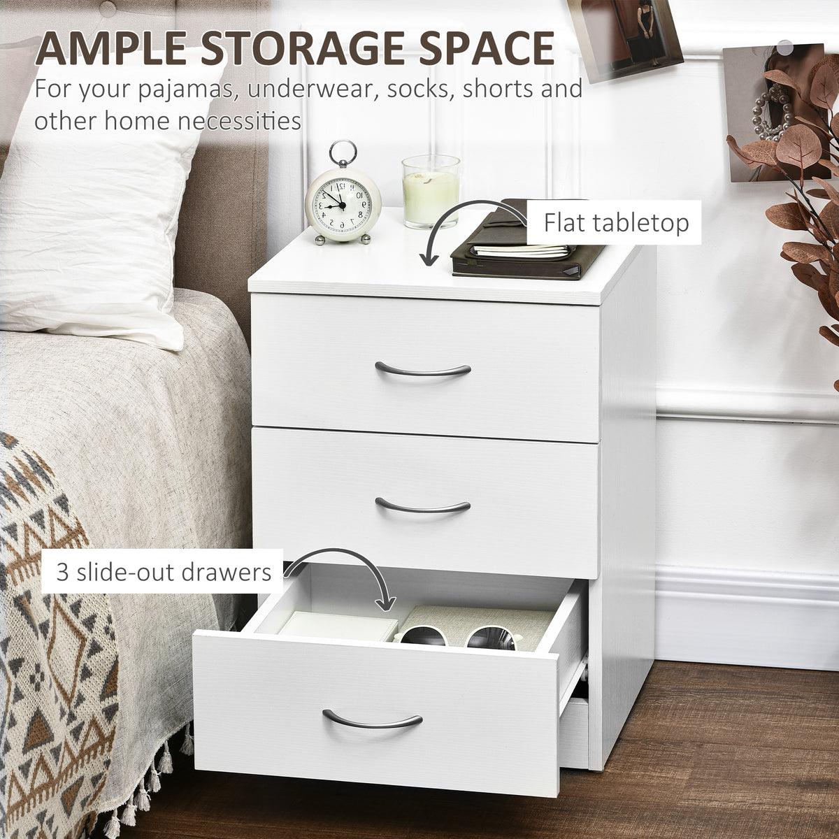 3-Drawer Modern Wood Nightstand - White 22.8" H-Home Furnishings > Bedroom Furniture > Bedside Tables-DECOROLALA