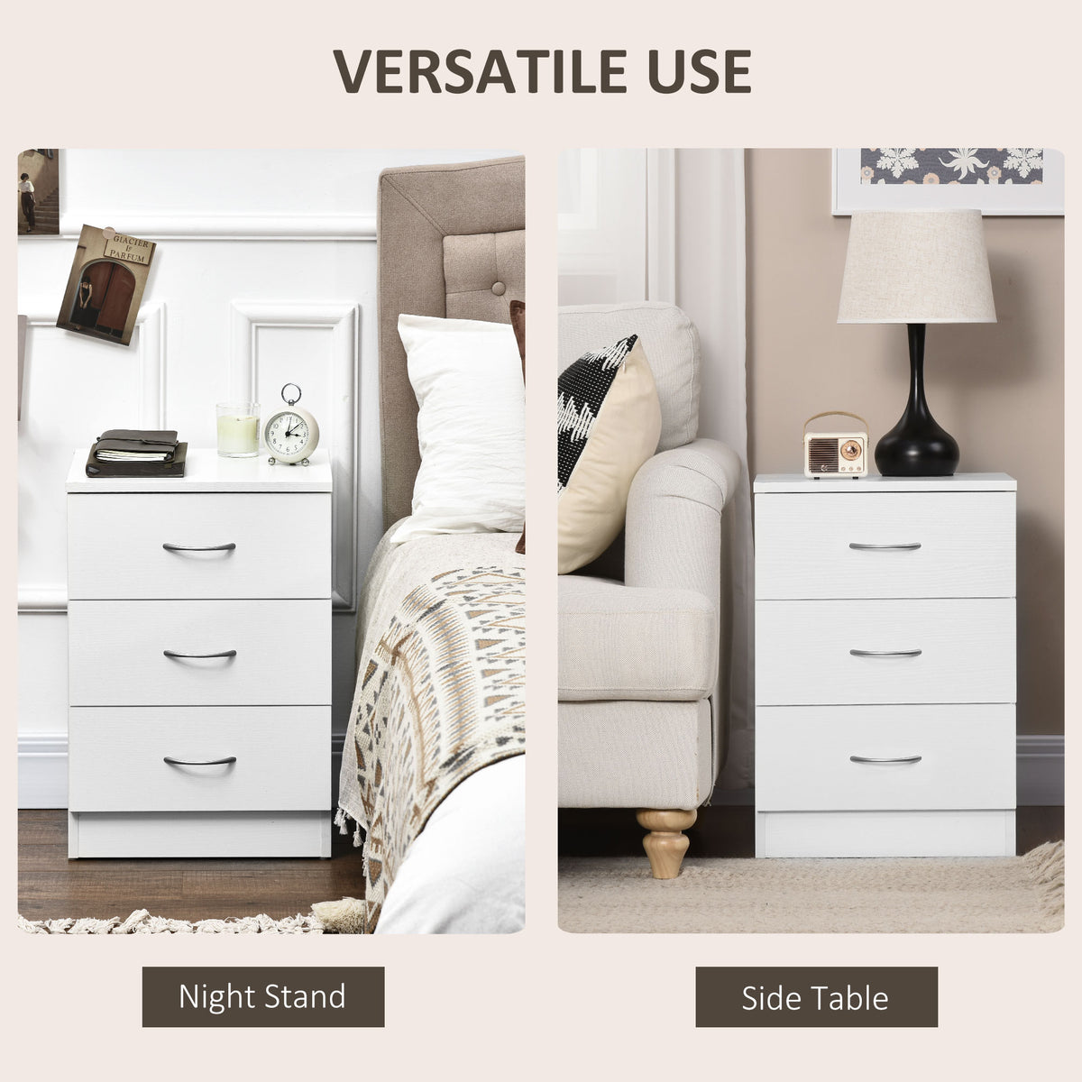3-Drawer Modern Wood Nightstand - White 22.8" H-Home Furnishings > Bedroom Furniture > Bedside Tables-DECOROLALA