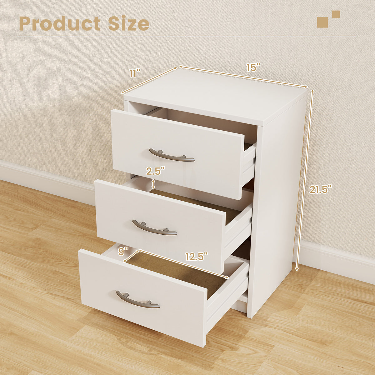 3 Drawer Nightstand with Storage for Living Room-White-Nightstands-DECOROLALA