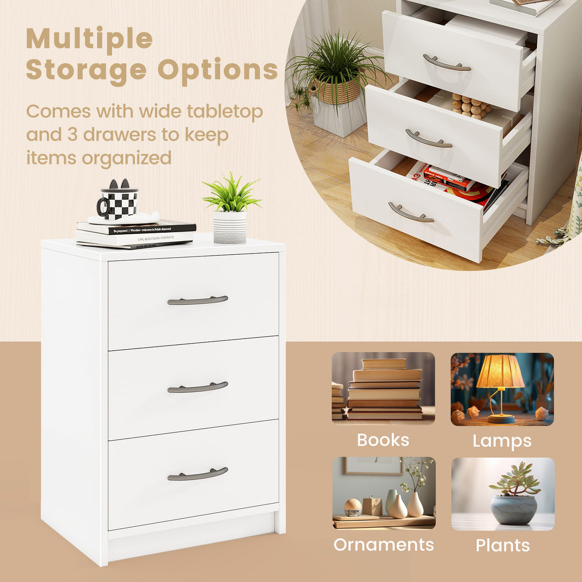3 Drawer Nightstand with Storage for Living Room-White-Nightstands-DECOROLALA