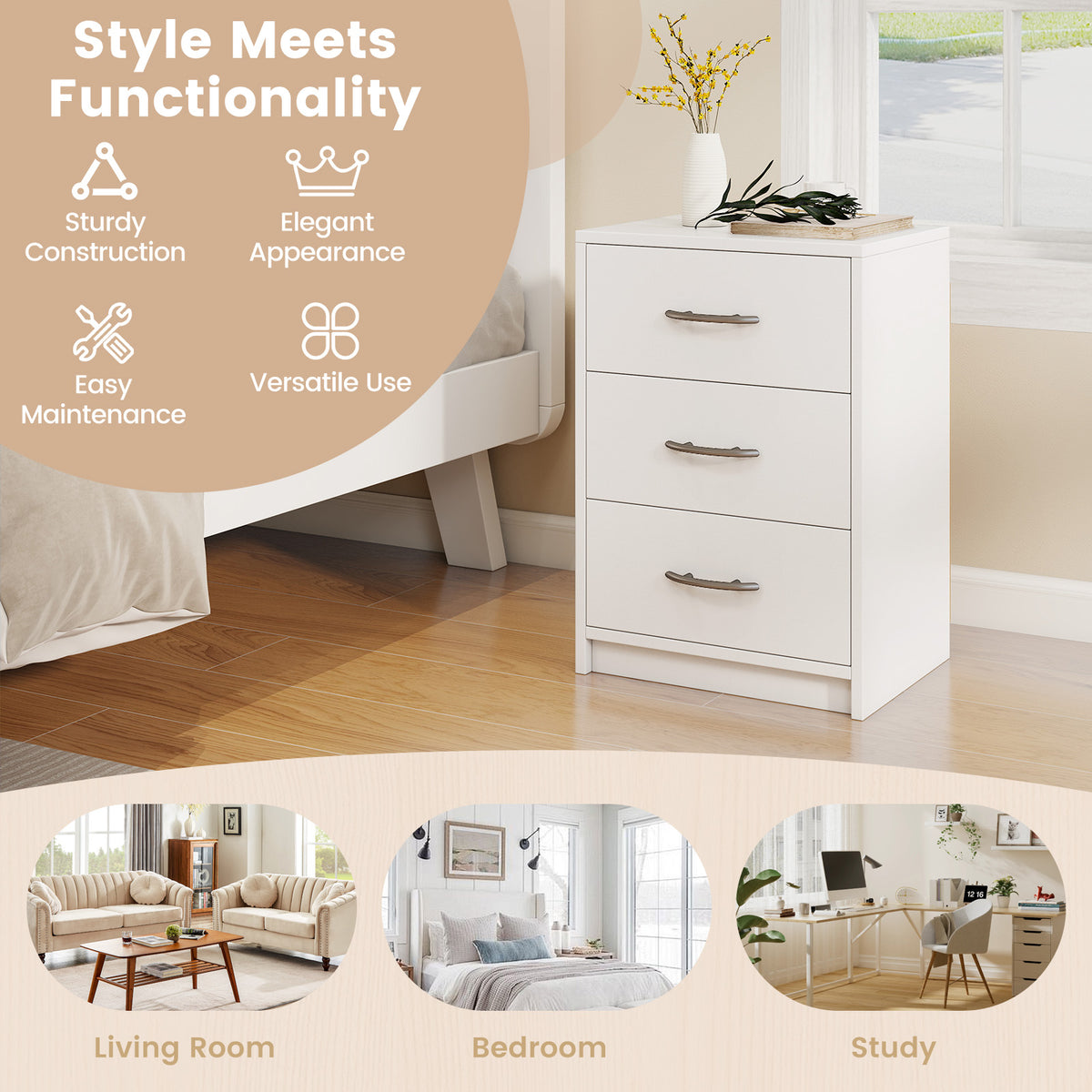 3 Drawer Nightstand with Storage for Living Room-White-Nightstands-DECOROLALA