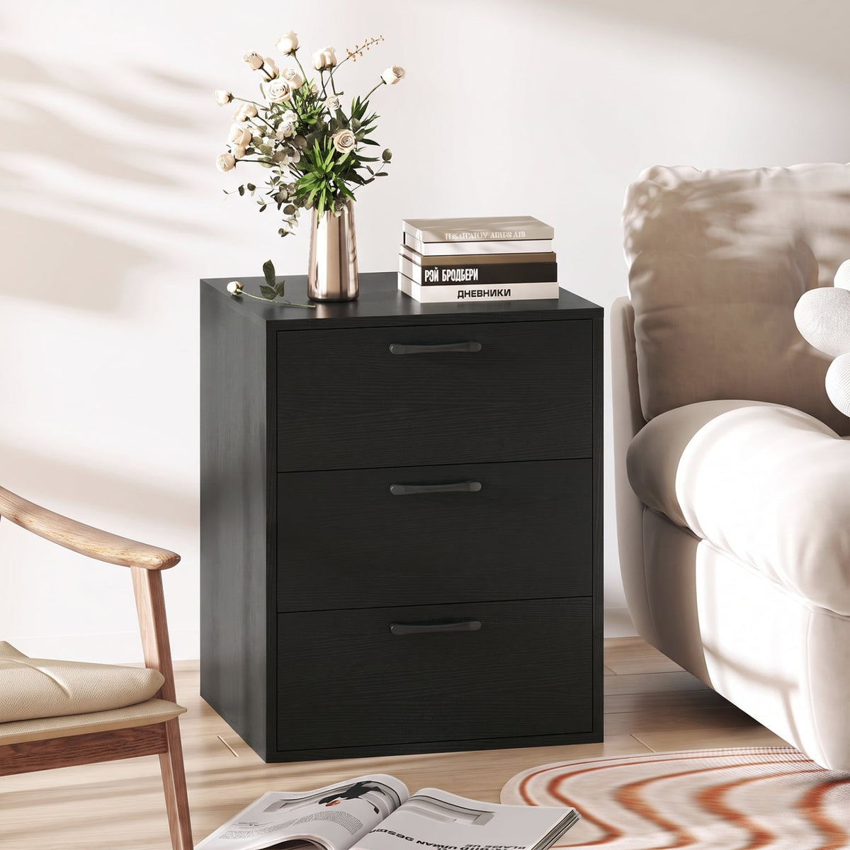 3 Drawer Nightstand with Wood Grain Finish and Storage for Living Room Bedroom Study-Black-Nightstands-DECOROLALA