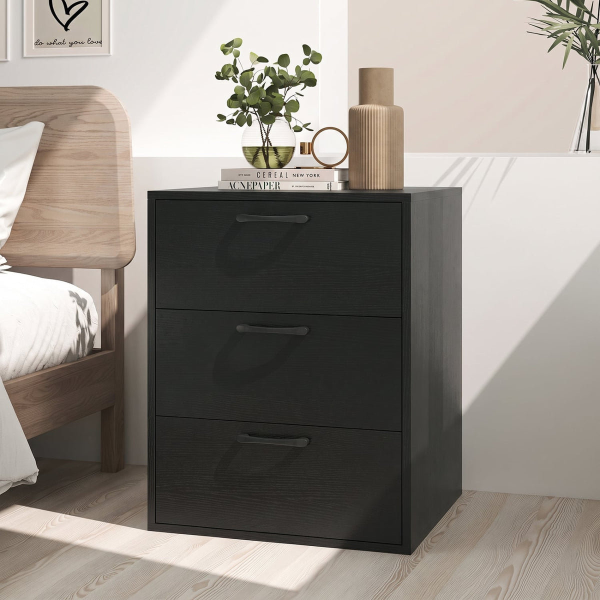 3 Drawer Nightstand with Wood Grain Finish and Storage for Living Room Bedroom Study-Black-Nightstands-DECOROLALA