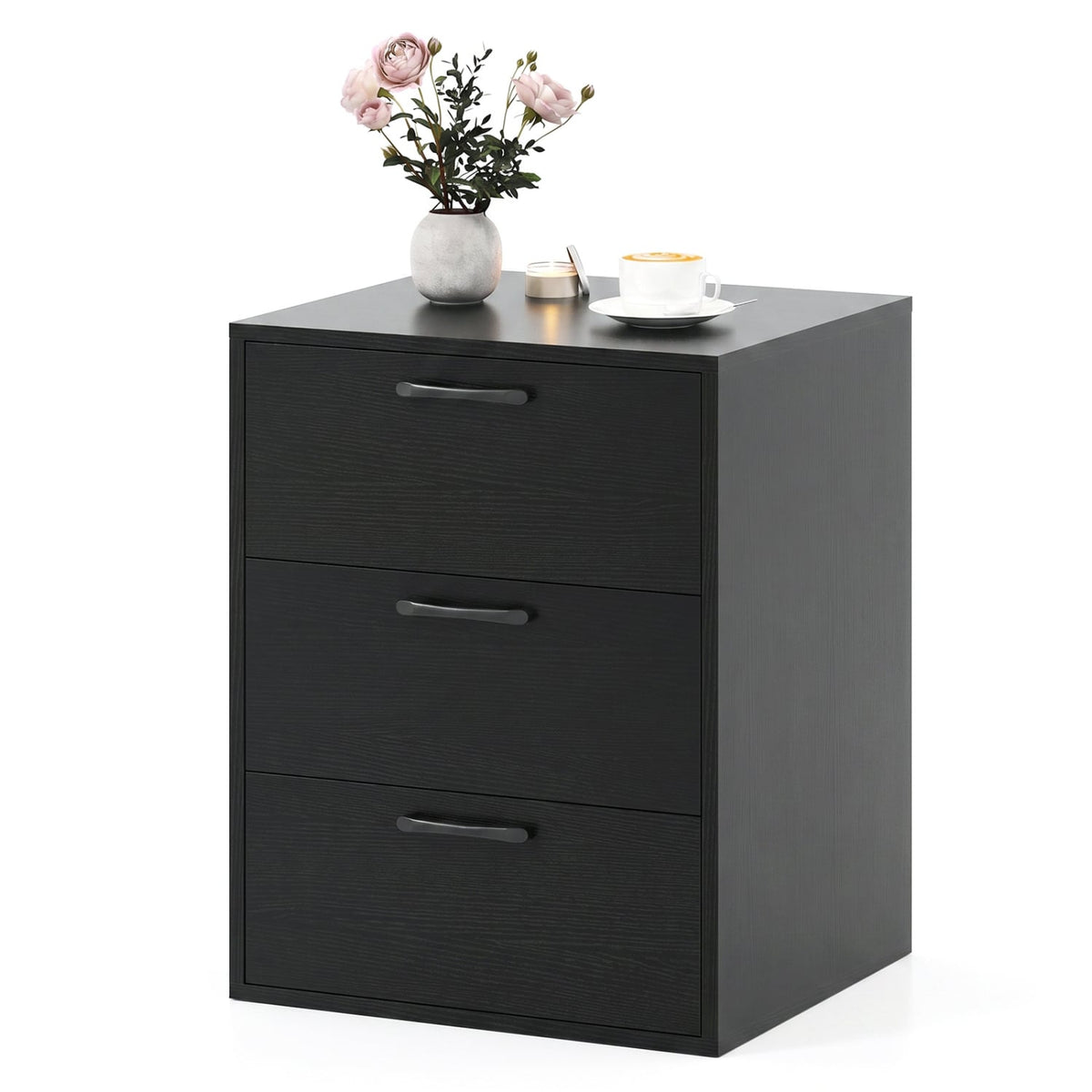 3 Drawer Nightstand with Wood Grain Finish and Storage for Living Room Bedroom Study-Black-Nightstands-DECOROLALA
