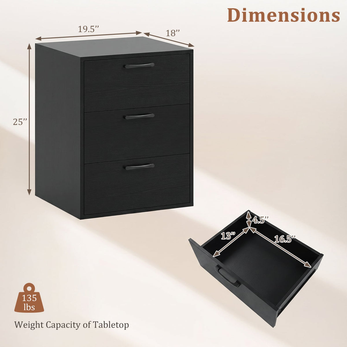 3 Drawer Nightstand with Wood Grain Finish and Storage for Living Room Bedroom Study-Black-Nightstands-DECOROLALA