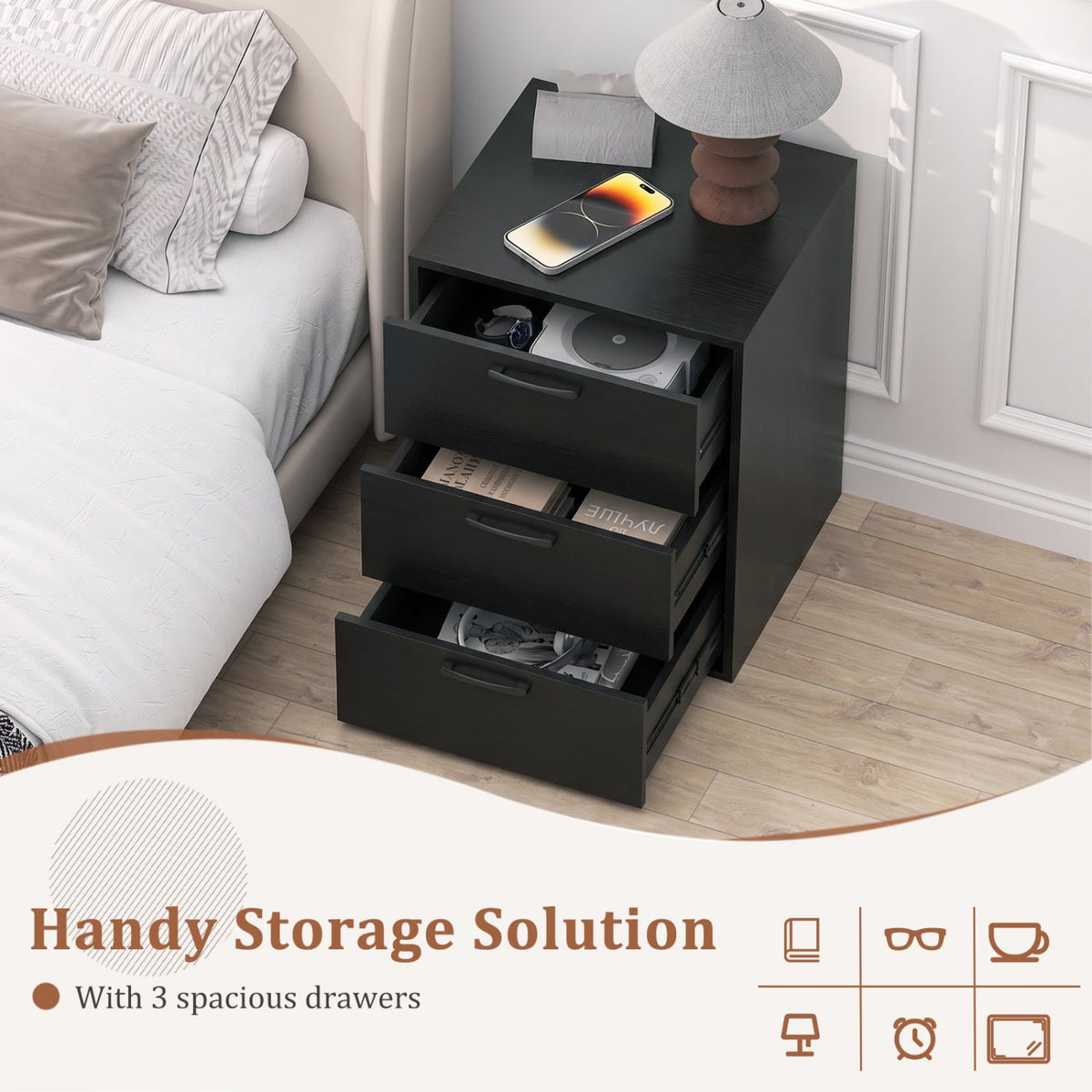 3 Drawer Nightstand with Wood Grain Finish and Storage for Living Room Bedroom Study-Black-Nightstands-DECOROLALA