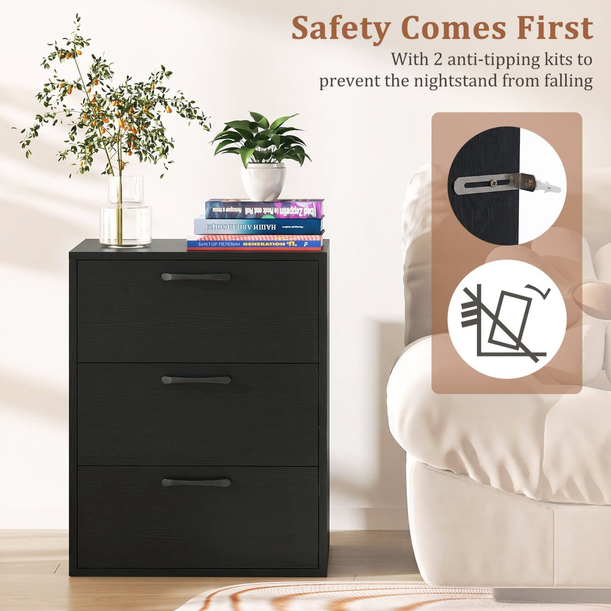 3 Drawer Nightstand with Wood Grain Finish and Storage for Living Room Bedroom Study-Black-Nightstands-DECOROLALA