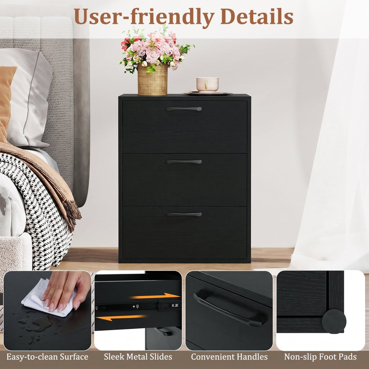 3 Drawer Nightstand with Wood Grain Finish and Storage for Living Room Bedroom Study-Black-Nightstands-DECOROLALA