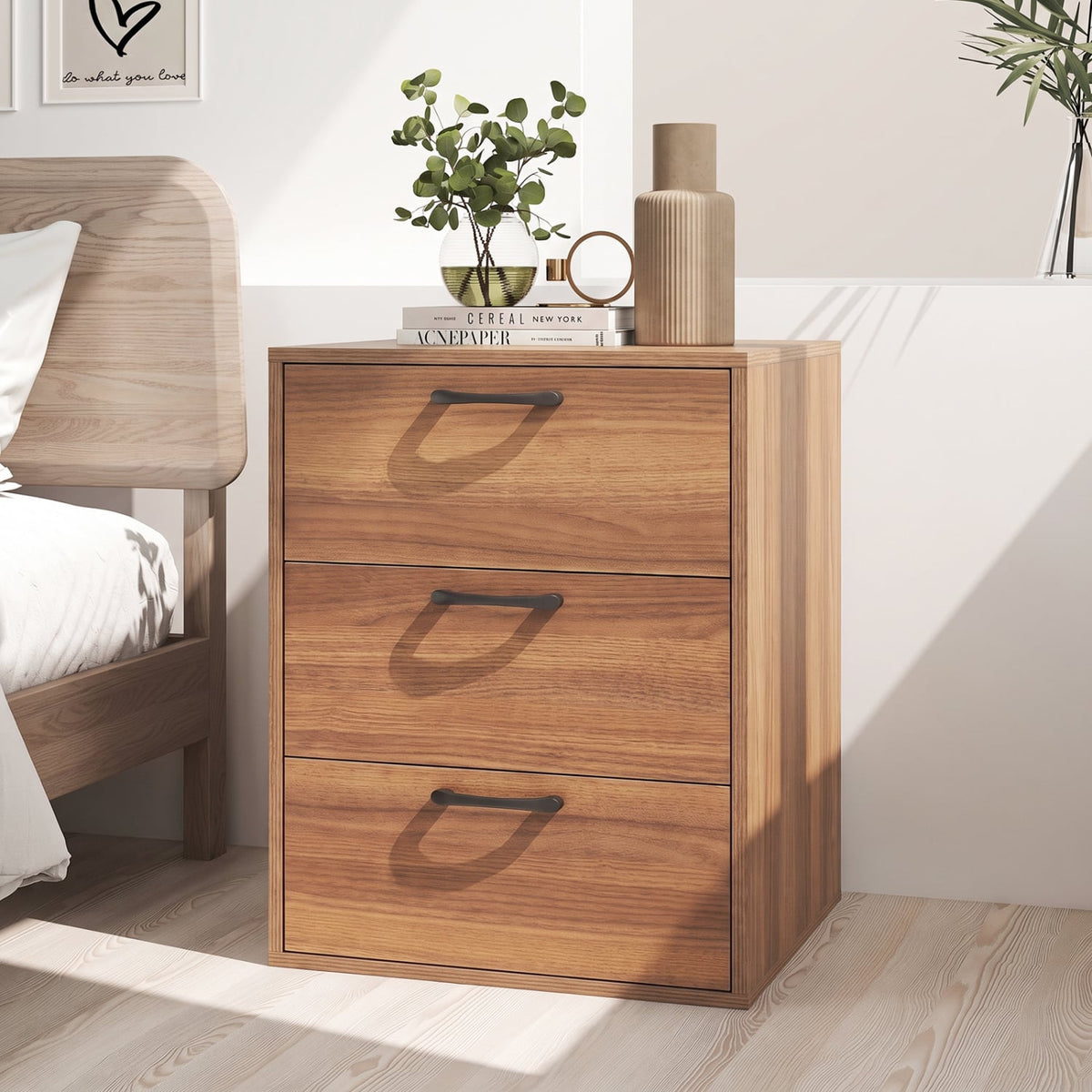 3 Drawer Nightstand with Wood Grain Finish and Storage for Living Room Bedroom Study-Walnut-Nightstands-DECOROLALA