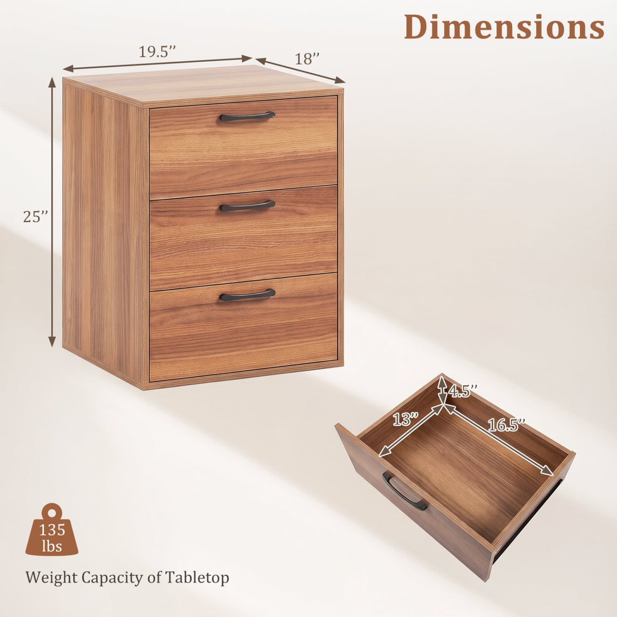 3 Drawer Nightstand with Wood Grain Finish and Storage for Living Room Bedroom Study-Walnut-Nightstands-DECOROLALA