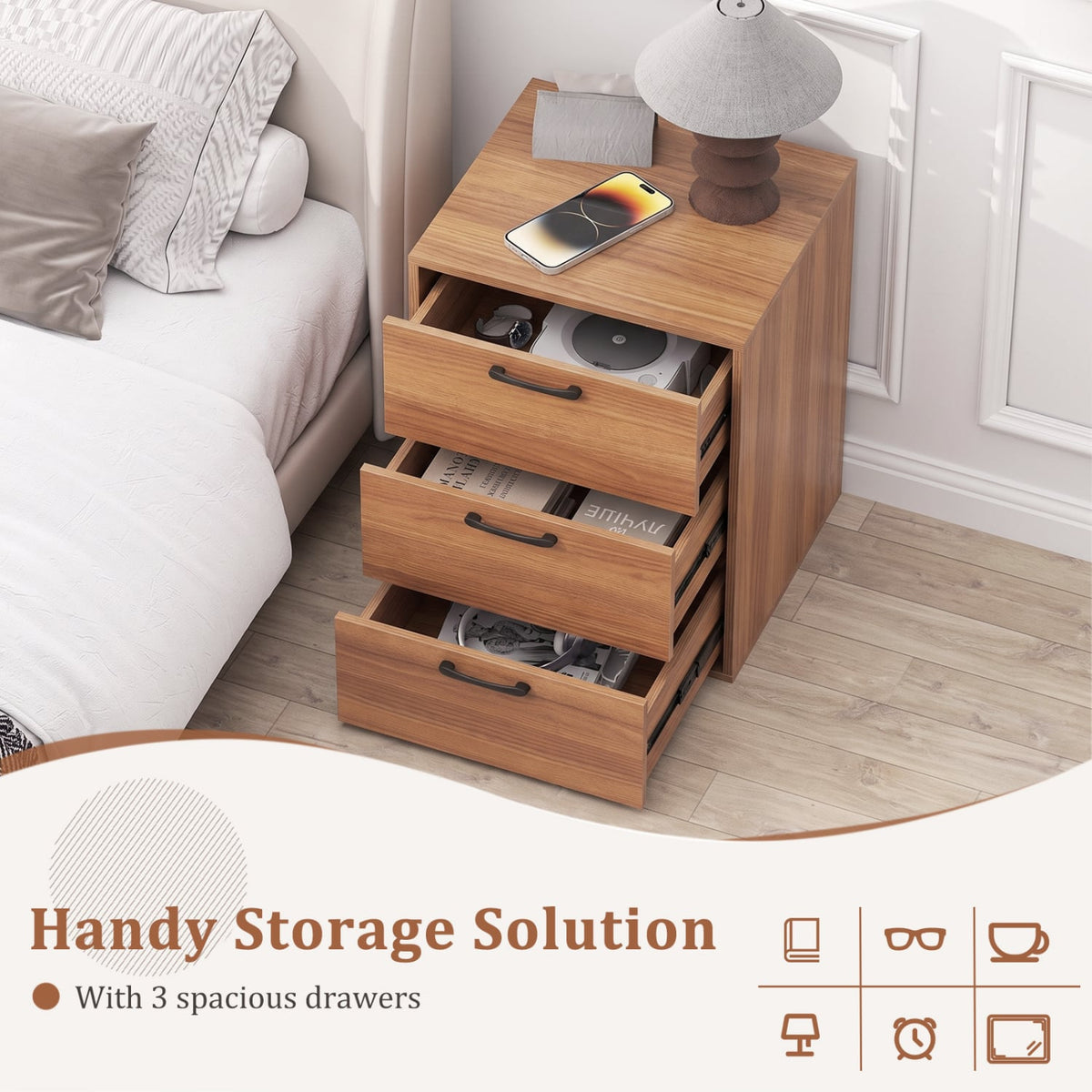3 Drawer Nightstand with Wood Grain Finish and Storage for Living Room Bedroom Study-Walnut-Nightstands-DECOROLALA