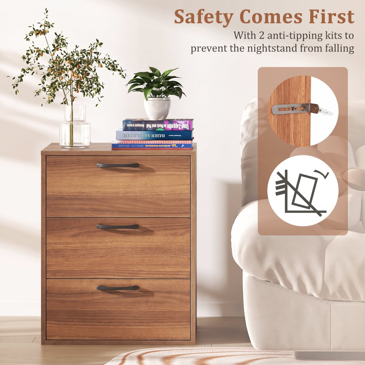 3 Drawer Nightstand with Wood Grain Finish and Storage for Living Room Bedroom Study-Walnut-Nightstands-DECOROLALA