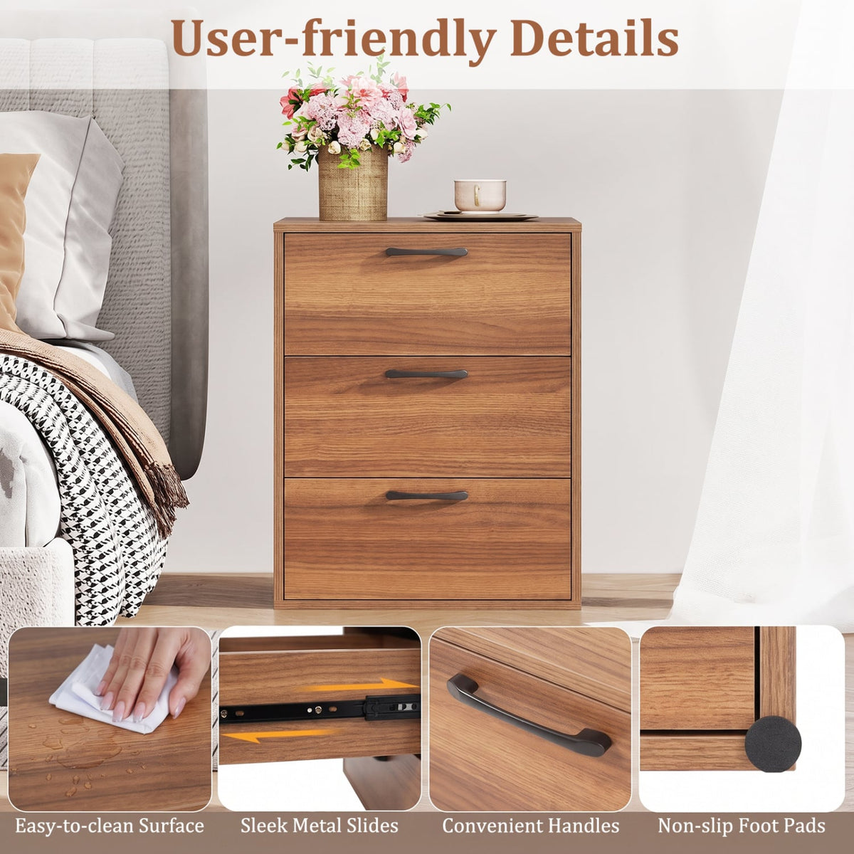 3 Drawer Nightstand with Wood Grain Finish and Storage for Living Room Bedroom Study-Walnut-Nightstands-DECOROLALA