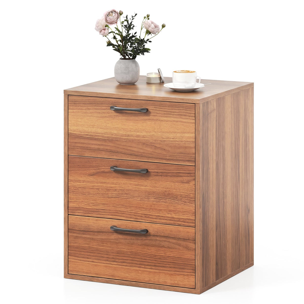 3 Drawer Nightstand with Wood Grain Finish and Storage for Living Room Bedroom Study-Walnut-Nightstands-DECOROLALA