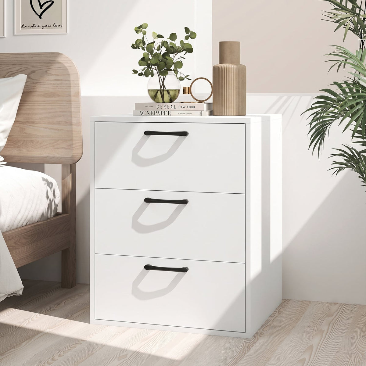 3 Drawer Nightstand with Wood Grain Finish and Storage for Living Room Bedroom Study-White-Nightstands-DECOROLALA
