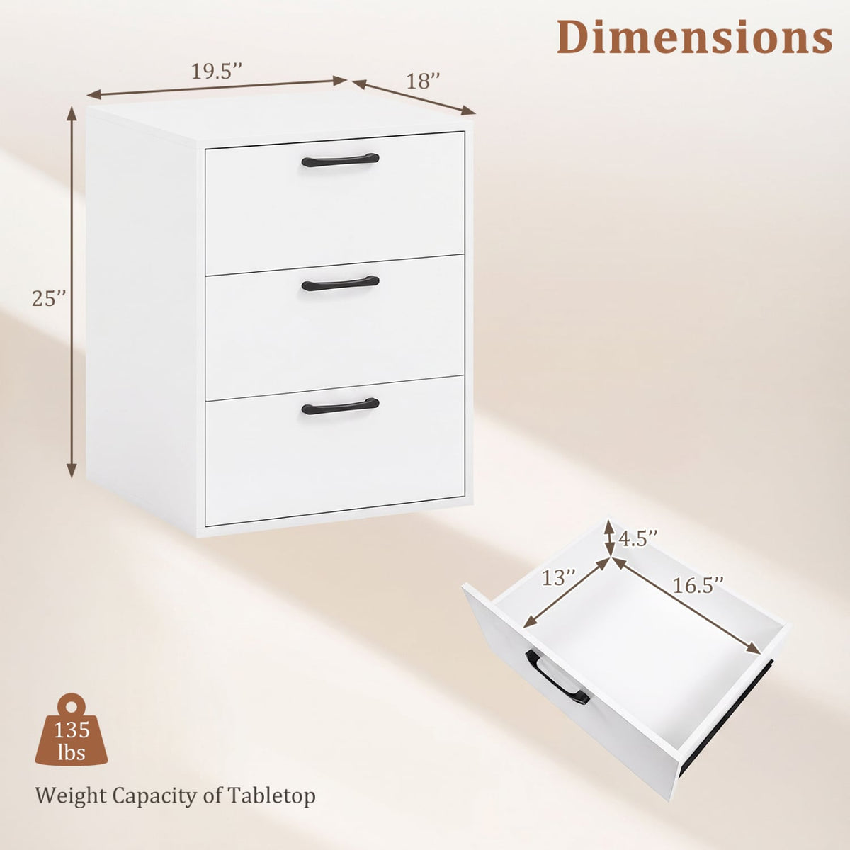3 Drawer Nightstand with Wood Grain Finish and Storage for Living Room Bedroom Study-White-Nightstands-DECOROLALA