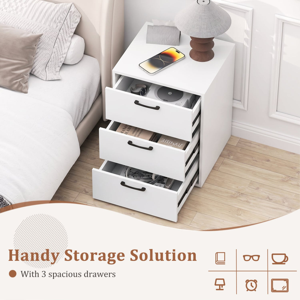 3 Drawer Nightstand with Wood Grain Finish and Storage for Living Room Bedroom Study-White-Nightstands-DECOROLALA