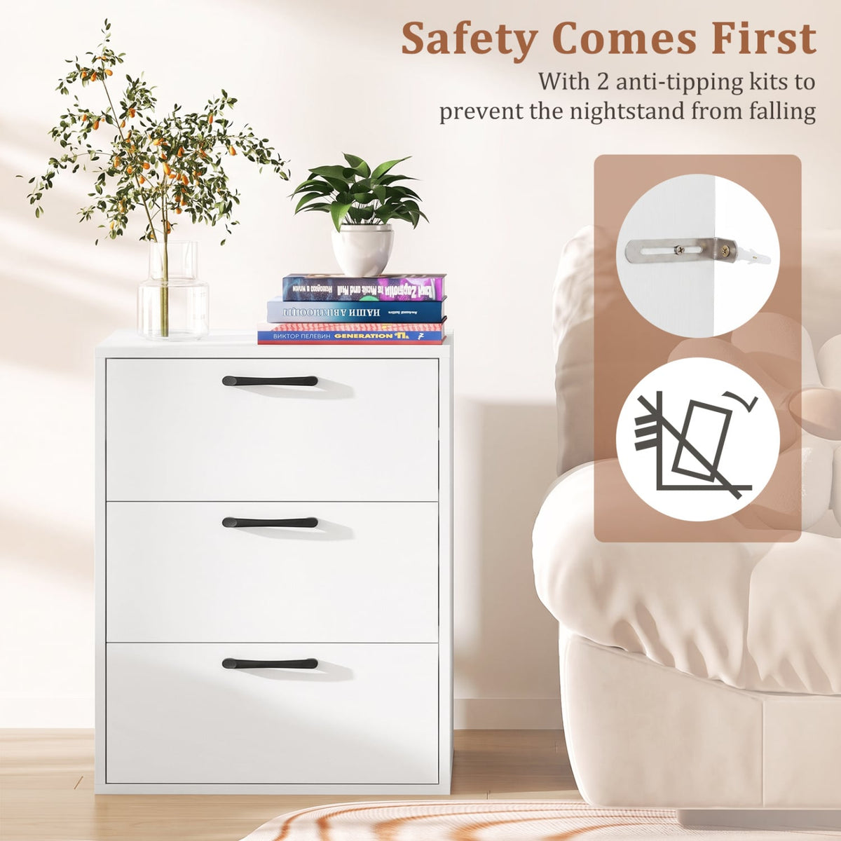 3 Drawer Nightstand with Wood Grain Finish and Storage for Living Room Bedroom Study-White-Nightstands-DECOROLALA