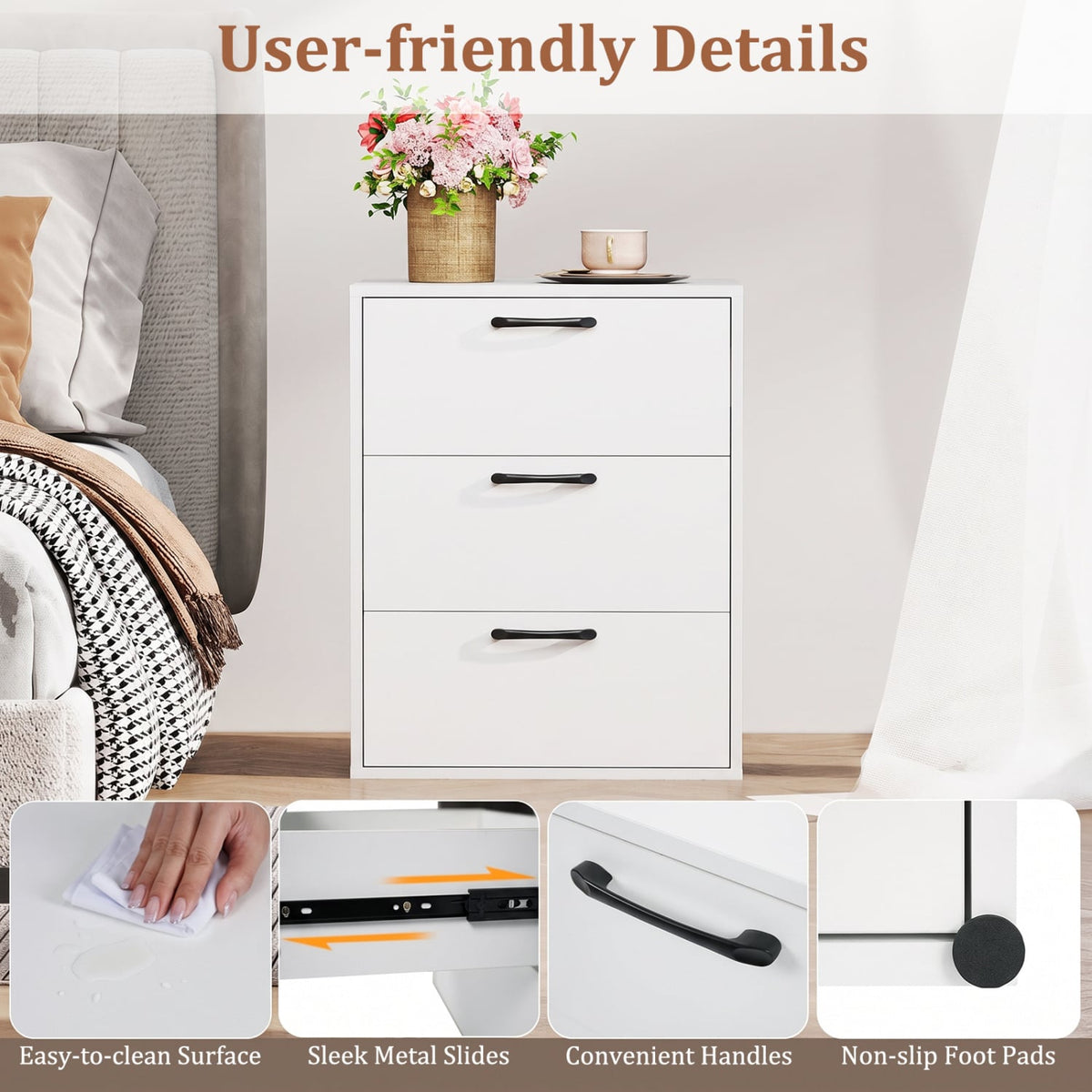 3 Drawer Nightstand with Wood Grain Finish and Storage for Living Room Bedroom Study-White-Nightstands-DECOROLALA