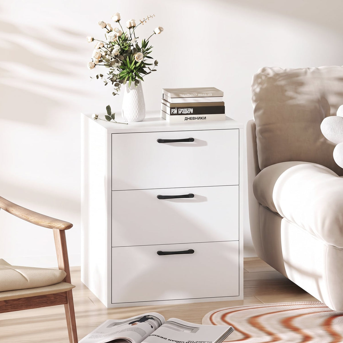 3 Drawer Nightstand with Wood Grain Finish and Storage for Living Room Bedroom Study-White-Nightstands-DECOROLALA