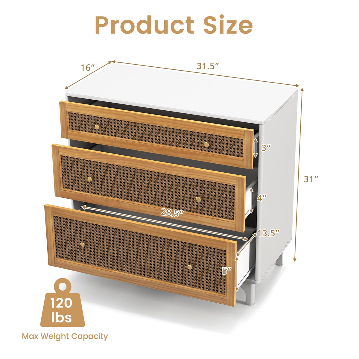 3-Drawer Rattan Dresser Chest - Brown (min order qty 2)-Dressers & Chests-DECOROLALA