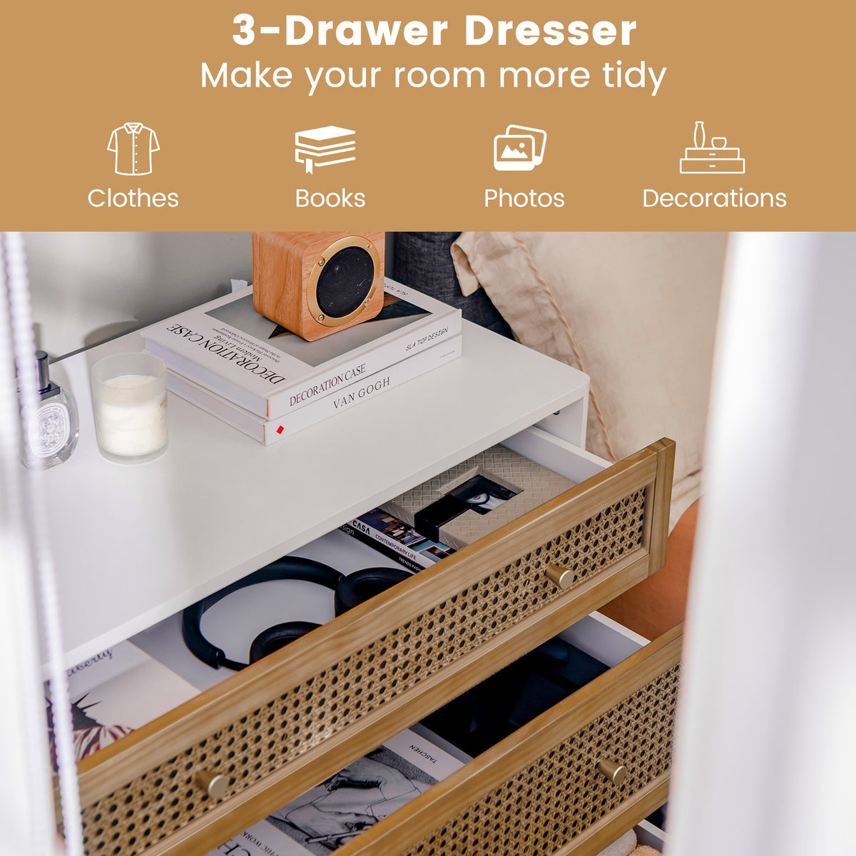 3-Drawer Rattan Dresser Chest - Brown (min order qty 2)-Dressers & Chests-DECOROLALA