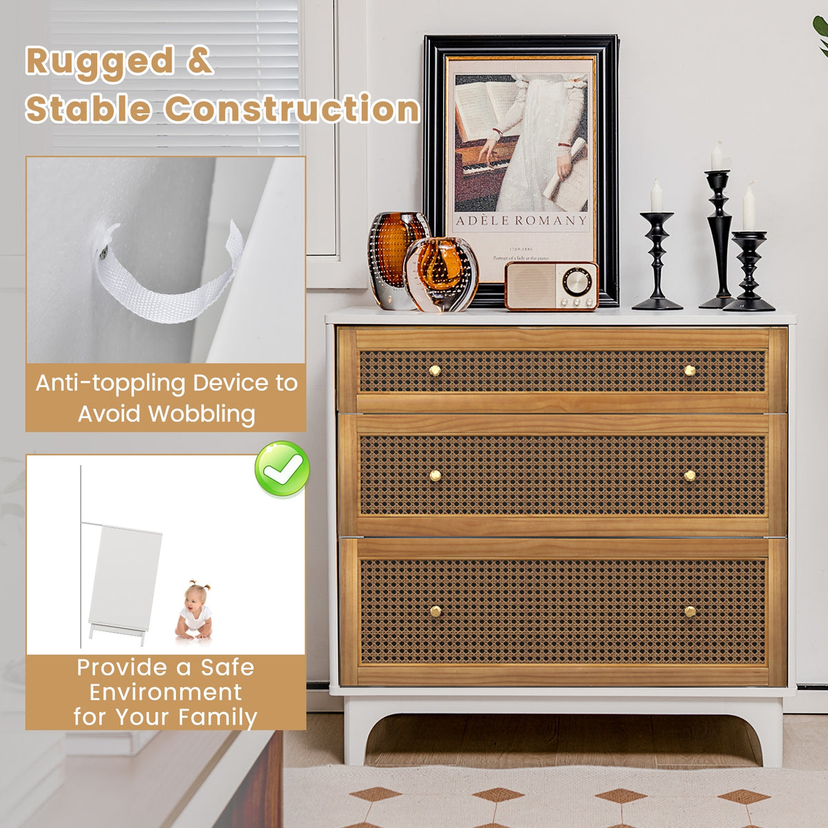 3-Drawer Rattan Dresser Chest - Brown (min order qty 2)-Dressers & Chests-DECOROLALA